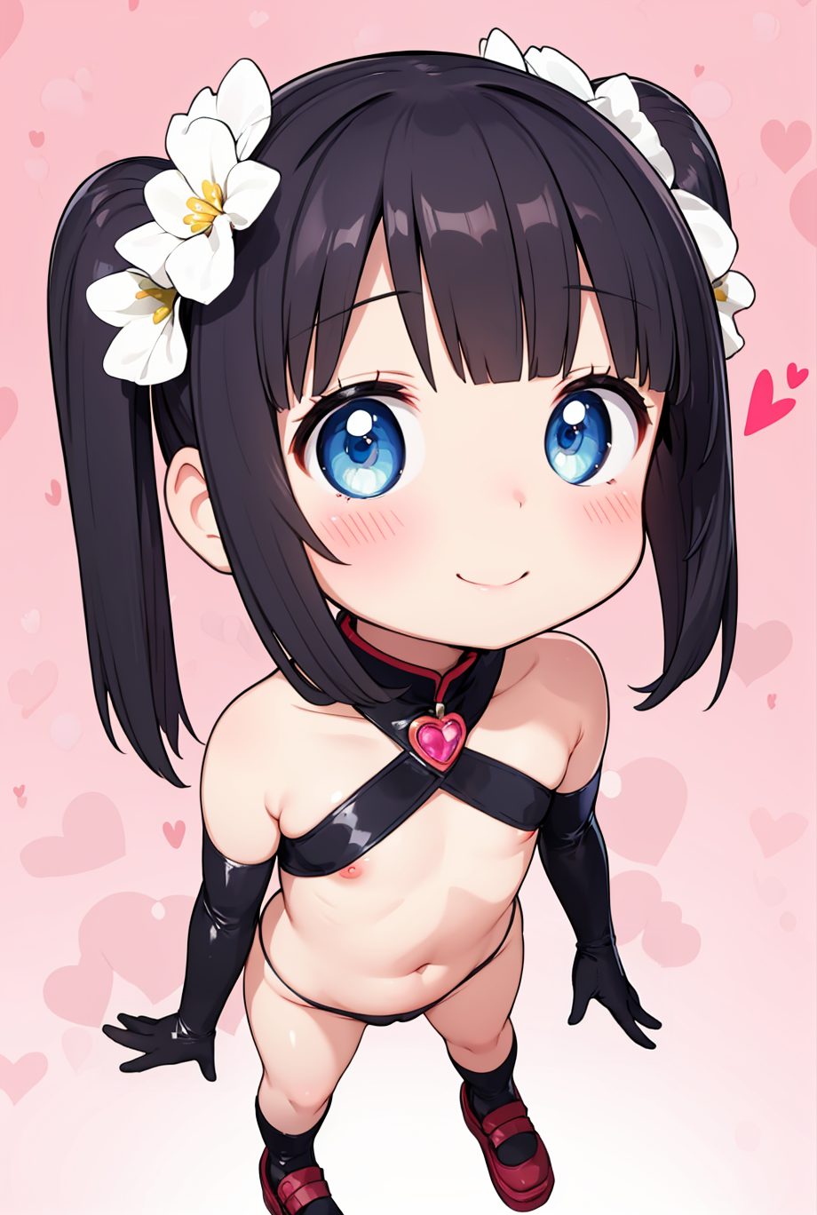 1girl, solo, loli, gloves, elbow gloves, black gloves, hair ornament, navel, blue eyes, flower, black hair, smile, hair flower, shoes, nipples, heart, red footwear, twintails, blush, standing, black socks, looking at viewer, socks, bangs, black panties, gradient background, closed mouth, gradient, full body, bare shoulders, flat chest, underwear, panties, breasts, small breasts, mary janes, collarbone, long hair, 赤面, 笑顔, 乳首, ツインテール, 黒髪, パンツ, ロングヘア, 下着, 貧乳, つるぺた, 手袋, ぱっつん