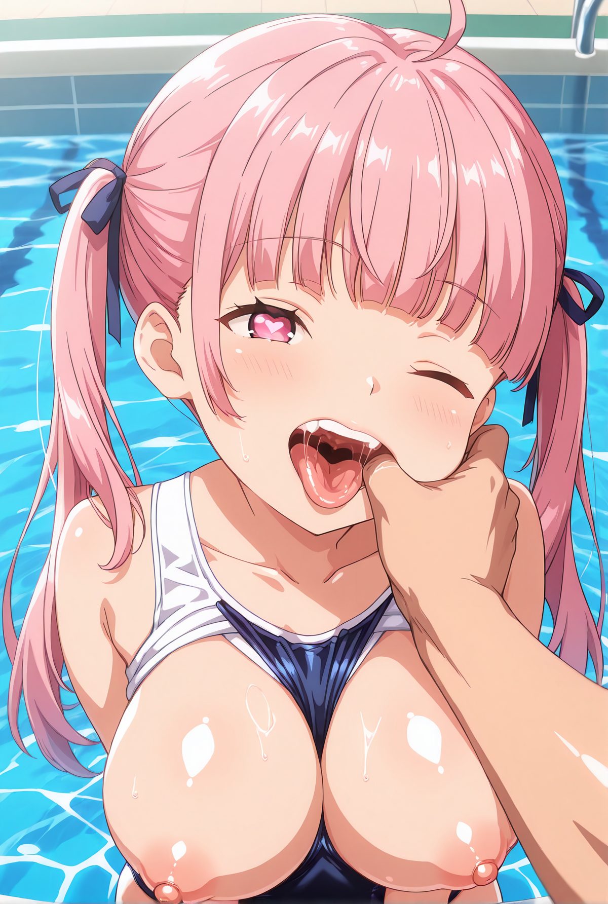 questionable, 1girl, long_hair, breasts, looking_at_viewer, blush, open_mouth, bangs, large_breasts, 1boy, ribbon, bare_shoulders, twintails, nipples, collarbone, swimsuit, hair_ribbon, pink_hair, ahoge, heart, one_eye_closed, teeth, solo_focus, tongue, tongue_out, blunt_bangs, pink_eyes, water, wet, one-piece_swimsuit, symbol-shaped_pupils, saliva, black_ribbon, pov, heart-shaped_pupils, school_swimsuit, breasts_out, between_breasts, blue_one-piece_swimsuit, pool, finger_in_another's_mouth, uvula, ハート目, 赤面, ウインク, 口, 乳首, ツインテール, 水着, のどちんこ, アホ毛, 舌, 巨乳, ぱっつん, ワンピース, よだれ, スクール水着