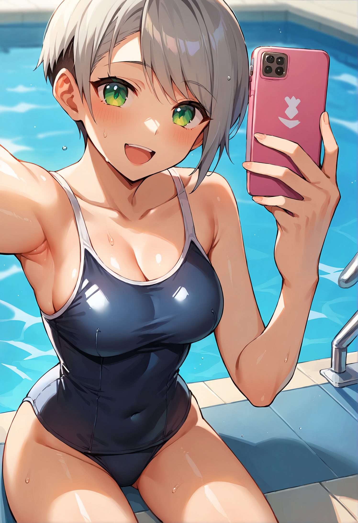 1girl, breasts, swimsuit, smile, phone, solo, selfie, short hair, green eyes, holding, holding phone, one-piece swimsuit, blush, sitting, cleavage, covered navel, looking at viewer, open mouth, cellphone, school swimsuit, grey hair, collarbone, smartphone, wet, armpits, :d, black one-piece swimsuit, bangs, large breasts, competition school swimsuit, thighs, bare shoulders, taut clothes, teeth, pool, medium breasts, groin, poolside, cowboy shot, shiny, 赤面, 笑顔, 胸チラ, 銀髪, 水着, 白髪・銀髪, 巨乳, ぱっつん, ワンピース, アングル, スクール水着, 自撮り, ショートカット, Posted