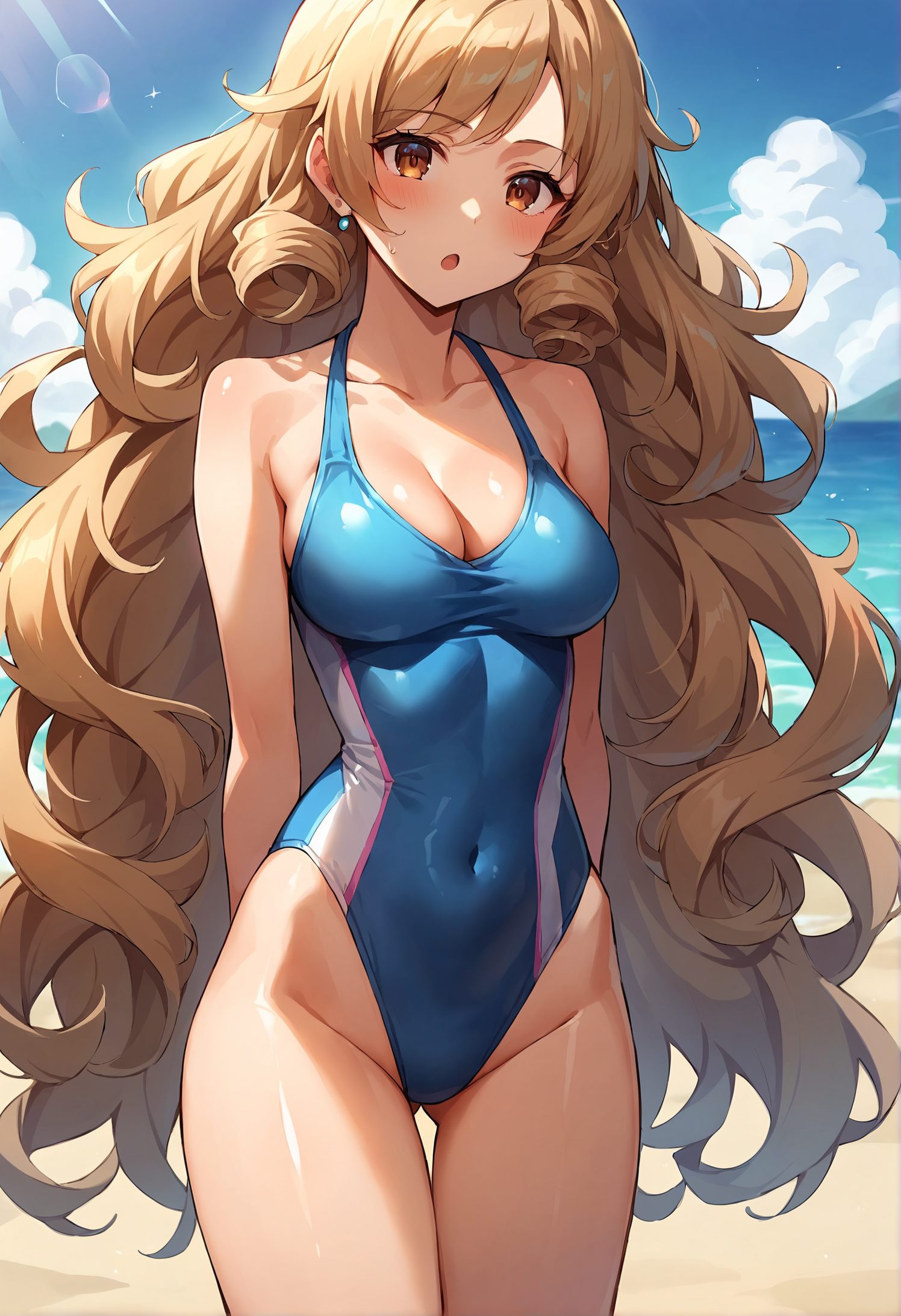 1girl, breasts, solo, one-piece swimsuit, highleg, swimsuit, covered navel, long hair, highleg swimsuit, outdoors, cleavage, blue one-piece swimsuit, jewelry, earrings, looking at viewer, very long hair, day, thigh gap, arms behind back, collarbone, cowboy shot, thighs, sunlight, ocean, ass visible through thighs, blush, bare shoulders, beach, groin, blue sky, medium breasts, brown eyes, sky, open mouth, :o, standing, sweatdrop, brown hair, bare arms, cloud, taut clothes, competition swimsuit, drill hair, bangs, curly hair, horizon, stud earrings, orange eyes, light rays, sunbeam, water, blonde hair, 赤面, 恥じらい, 胸チラ, 競泳水着, 裸足, 水着, ロングヘア, ぱっつん, ワンピース, 太もも, アングル, 脚, 金髪, ハイグレ, fanza用_posted