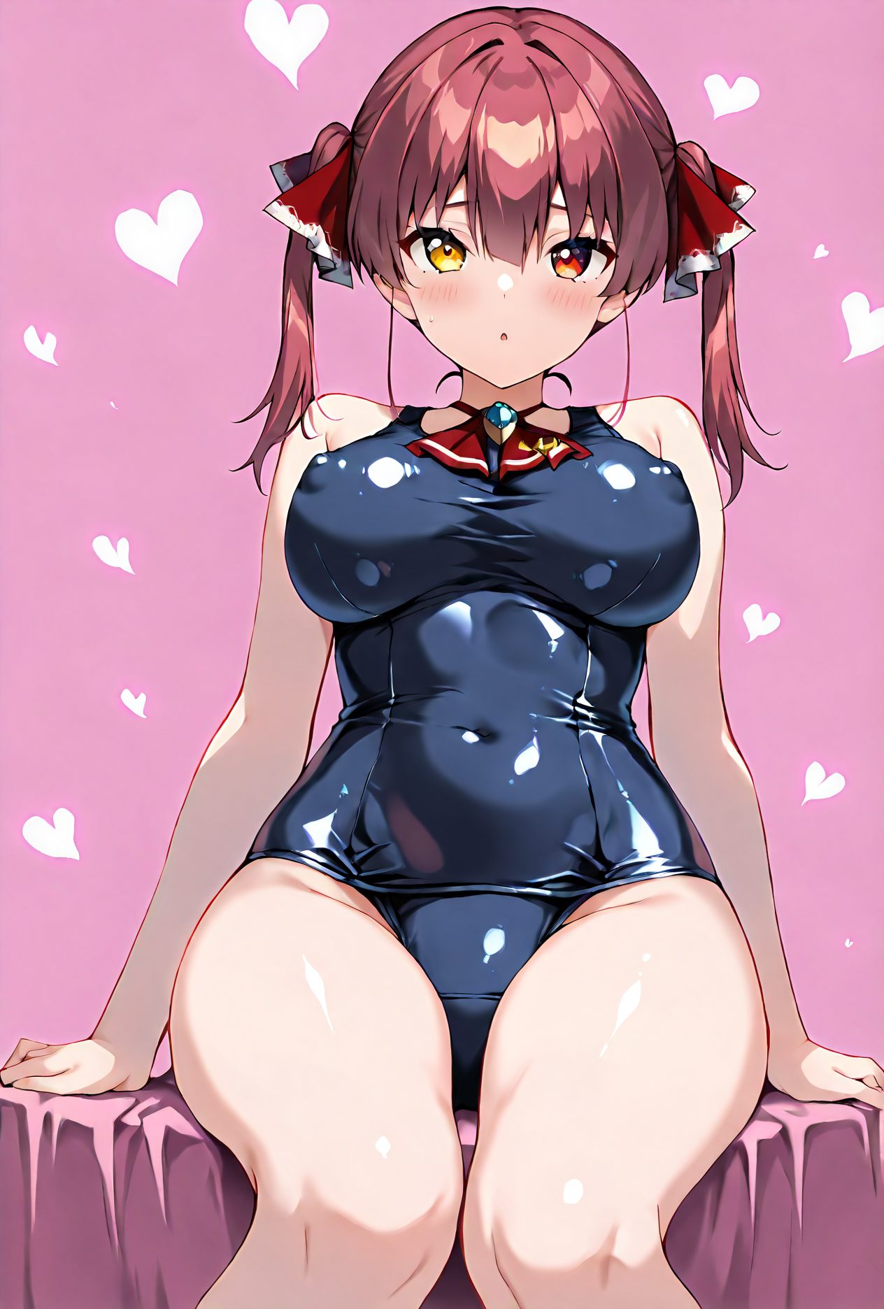1girl, houshou marine, swimsuit, solo, virtual youtuber, breasts, heterochromia, yellow eyes, twintails, large breasts, one-piece swimsuit, red eyes, red hair, sitting, looking at viewer, blush, ribbon, school swimsuit, hair ribbon, long hair, red ribbon, red ascot, heart, thighs, bangs, ascot, :o, red background, shiny, 赤面, ツインテール, 赤髪, 水着, 赤目, ロングヘア, 巨乳, ぱっつん, ワンピース, スクール水着, ホロライブ, 宝鐘マリン, Posted