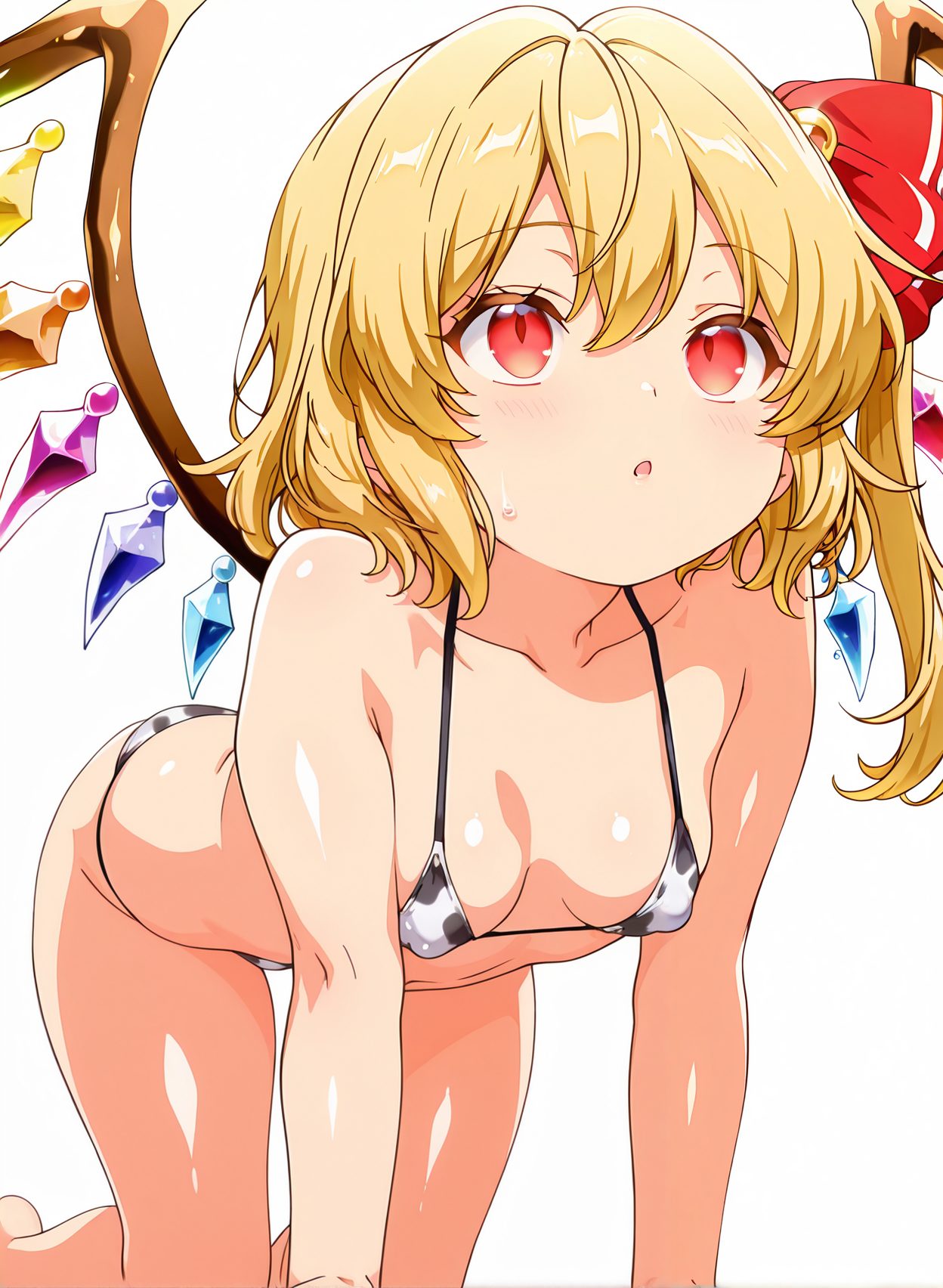 sensitive, questionable, 1girl, solo, breasts, blush, short_hair, open_mouth, bangs, blonde_hair, simple_background, red_eyes, white_background, ribbon, hair_between_eyes, bare_shoulders, collarbone, swimsuit, hair_ribbon, bikini, small_breasts, wings, shiny, :o, covered_nipples, red_ribbon, one_side_up, white_bikini, animal_print, all_fours, micro_bikini, crystal, cow_print, flandre_scarlet, 赤面, 水着, 牛柄ビキニ, 貧乳, マイクロビキニ, ぱっつん, 東方Project, フランドール・スカーレット