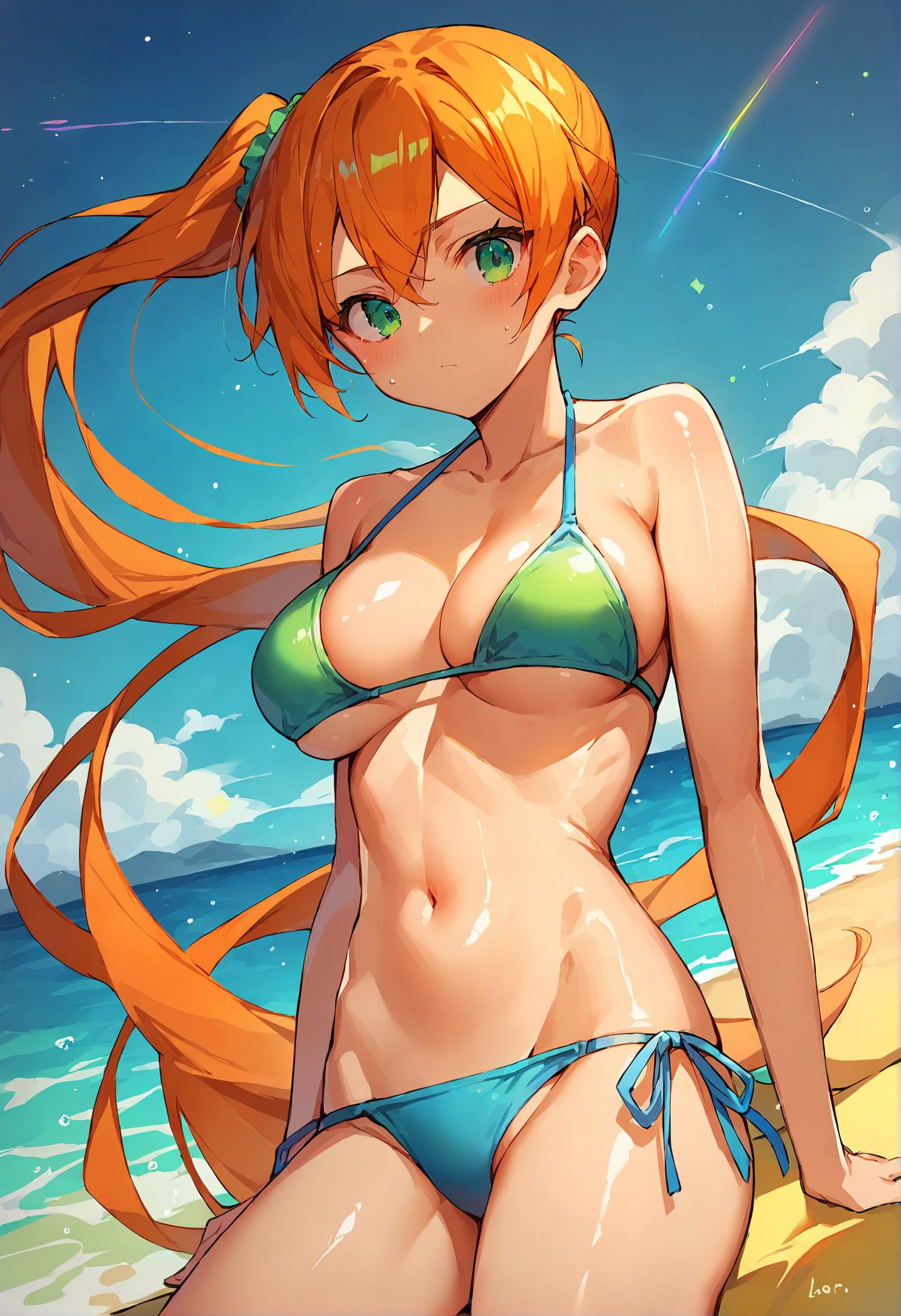 1girl, solo, swimsuit, bikini, side ponytail, breasts, orange hair, navel, long hair, black bikini, green eyes, looking at viewer, side-tie bikini bottom, collarbone, very long hair, string bikini, large breasts, halterneck, cleavage, blush, closed mouth, scrunchie, stomach, hair ornament, hair between eyes, sitting, bare shoulders, hair scrunchie, bangs, beach, wet, cowboy shot, shiny, misty \(pokemon\), outdoors, ocean, 赤面, 胸チラ, 赤髪, 水着, ロングヘア, 巨乳, ぱっつん, アングル