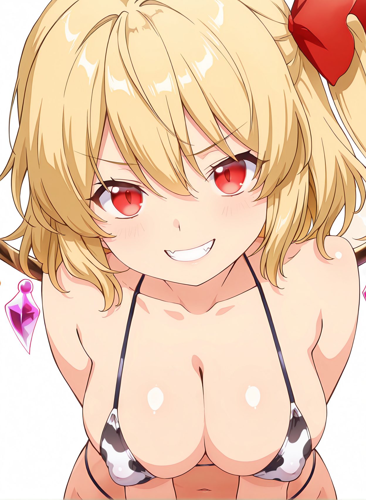 sensitive, questionable, 1girl, solo, breasts, looking_at_viewer, blush, smile, bangs, blonde_hair, large_breasts, simple_background, red_eyes, white_background, ribbon, navel, cleavage, hair_between_eyes, collarbone, swimsuit, hair_ribbon, bikini, wings, teeth, grin, covered_nipples, one_side_up, fangs, animal_print, alternate_breast_size, crystal, cow_print, flandre_scarlet, 赤面, 笑顔, 胸チラ, 水着, 八重歯, 牛柄ビキニ, 巨乳, ぱっつん, 東方Project, フランドール・スカーレット