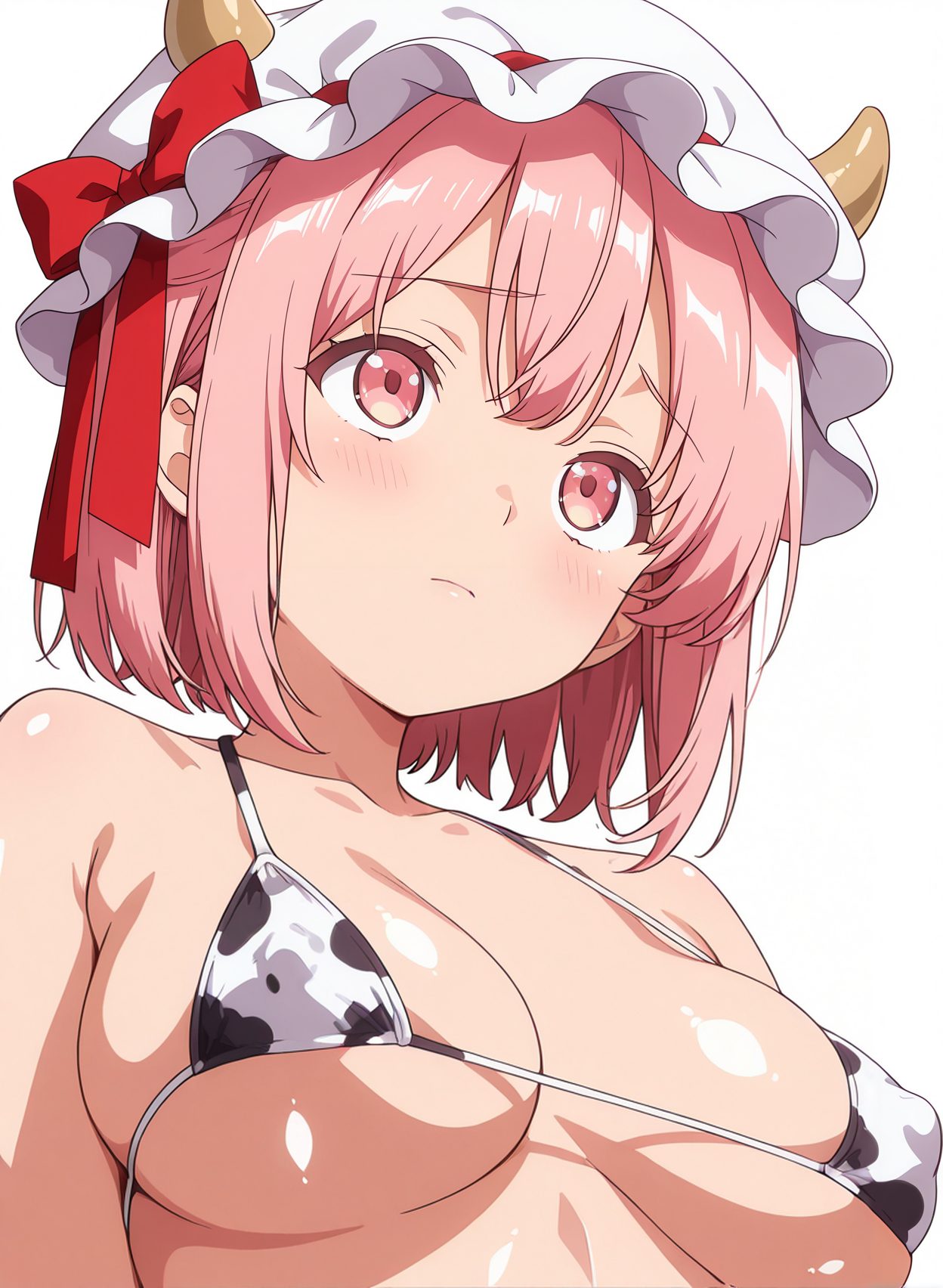 sensitive, questionable, 1girl, solo, breasts, blush, short_hair, bangs, large_breasts, simple_background, hat, white_background, bow, ribbon, bare_shoulders, medium_breasts, closed_mouth, collarbone, swimsuit, upper_body, pink_hair, bikini, horns, shiny, pink_eyes, red_bow, covered_nipples, shiny_skin, skindentation, white_headwear, looking_away, mob_cap, animal_print, hat_bow, micro_bikini, cow_print, cow_horns, print_bikini, 赤面, 帽子, 水着, 牛柄ビキニ, 巨乳, マイクロビキニ, ぱっつん, Posted