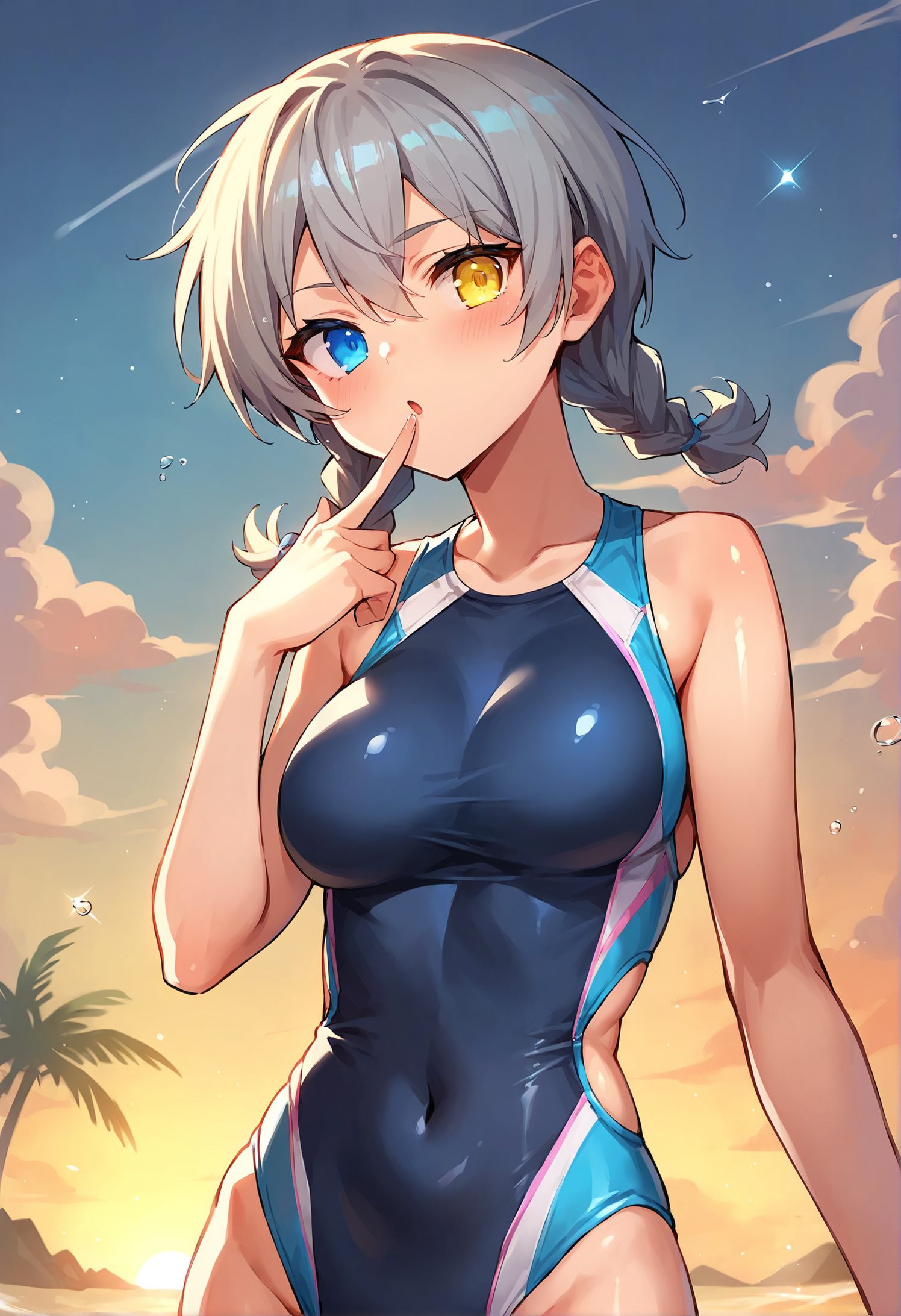 1girl, solo, heterochromia, covered navel, breasts, swimsuit, one-piece swimsuit, blue eyes, yellow eyes, twin braids, sky, outdoors, looking at viewer, finger to mouth, braid, palm tree, competition swimsuit, grey hair, cloud, tree, collarbone, blush, bare shoulders, bare arms, bangs, medium breasts, hair between eyes, sunset, hand up, cowboy shot, parted lips, blue one-piece swimsuit, orange sky, gradient sky, twintails, large breasts, shiny, 赤面, 口, ツインテール, 銀髪, 裸足, 水着, 指加え, 巨乳, ぱっつん, ワンピース, アングル, 白髪・銀髪