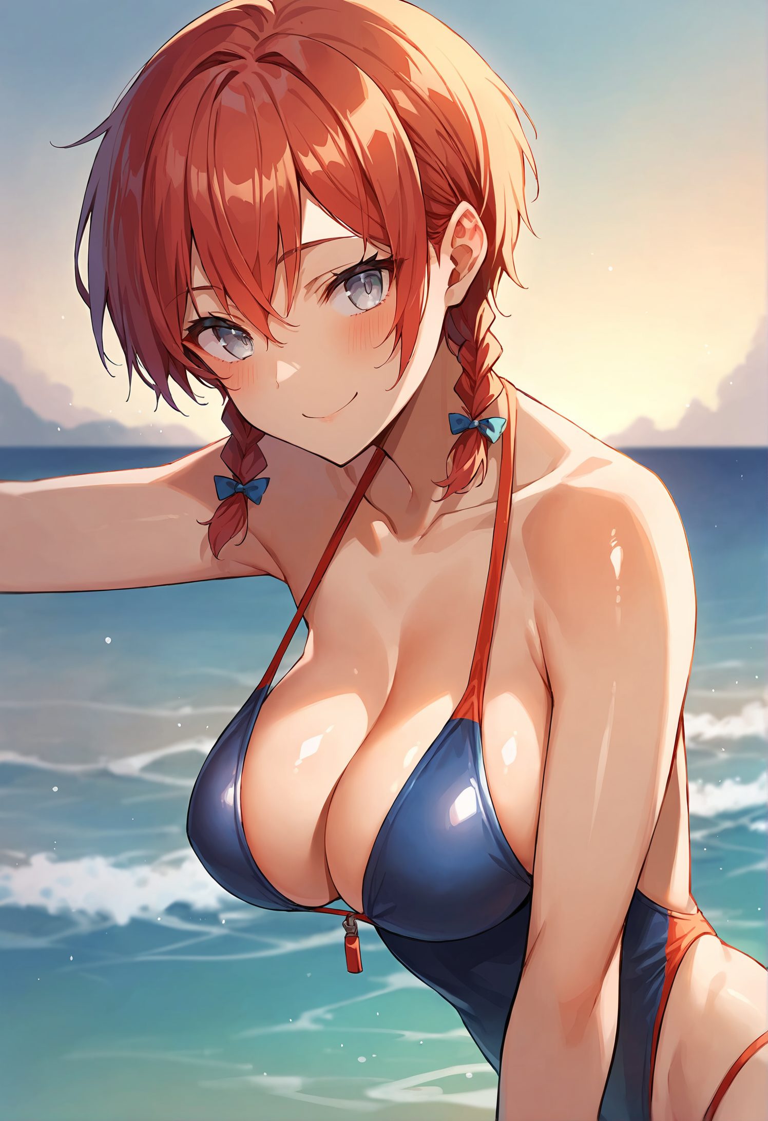 1girl, breasts, swimsuit, solo, red hair, large breasts, cleavage, smile, braid, looking at viewer, one-piece swimsuit, outdoors, ocean, blush, twin braids, collarbone, grey eyes, beach, bare shoulders, bangs, upper body, closed mouth, hair bow, short hair, water, hair between eyes, horizon, sky, zipper pull tab, shiny, blue eyes, 赤面, 笑顔, 胸チラ, 赤髪, 水着, 巨乳, ぱっつん, ワンピース, ショートカット