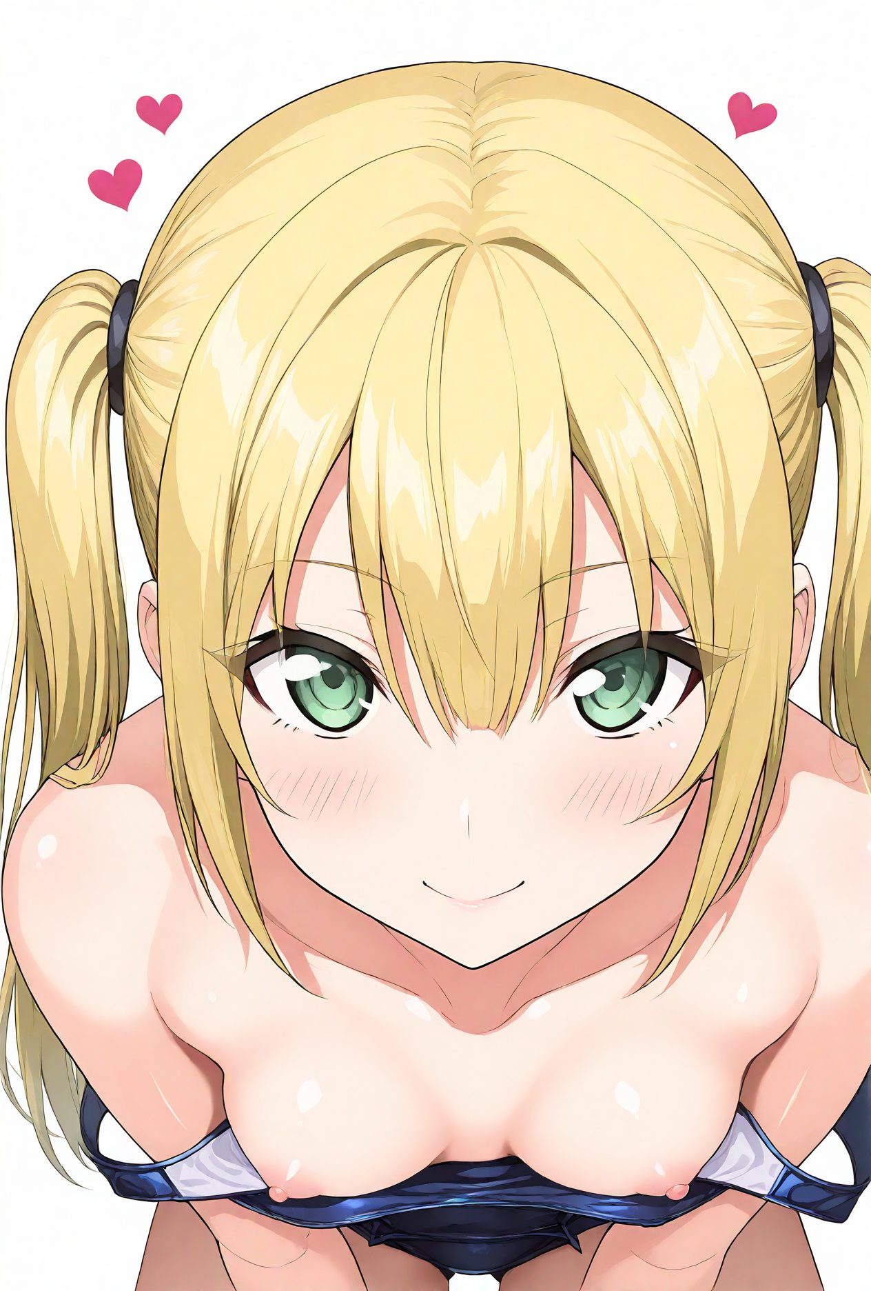 1girl, solo, breasts, nipples, blonde hair, looking at viewer, swimsuit, twintails, smile, heart, one-piece swimsuit, long hair, green eyes, small breasts, white background, simple background, bangs, collarbone, blush, school swimsuit, closed mouth, blue one-piece swimsuit, bare shoulders, hair between eyes, downblouse, leaning forward, strap slip, sidelocks, shiny, from above, one-piece swimsuit pull, 赤面, 笑顔, 乳首, ツインテール, 水着, ロングヘア, 貧乳, ぱっつん, ワンピース, スクール水着, 金髪
