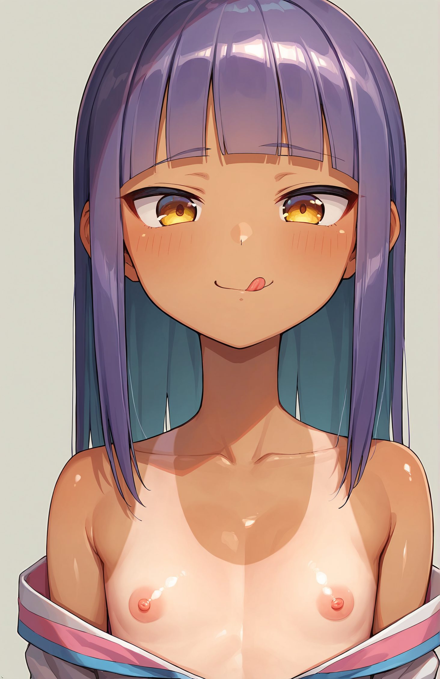 1girl, solo, tongue out, tan, tongue, nipples, simple background, flat chest, bangs, blunt bangs, yellow eyes, loli, tanlines, dark-skinned female, looking at viewer, collarbone, blush, grey background, long hair, dark skin, purple hair, :q, upper body, bare shoulders, off shoulder, smile, blue hair, 発情, 赤面, 笑顔, 口, 乳首, 紫髪, 褐色肌, 舌, ロングヘア, 夏, 貧乳, 青髪, 日焼け, つるぺた, ぱっつん