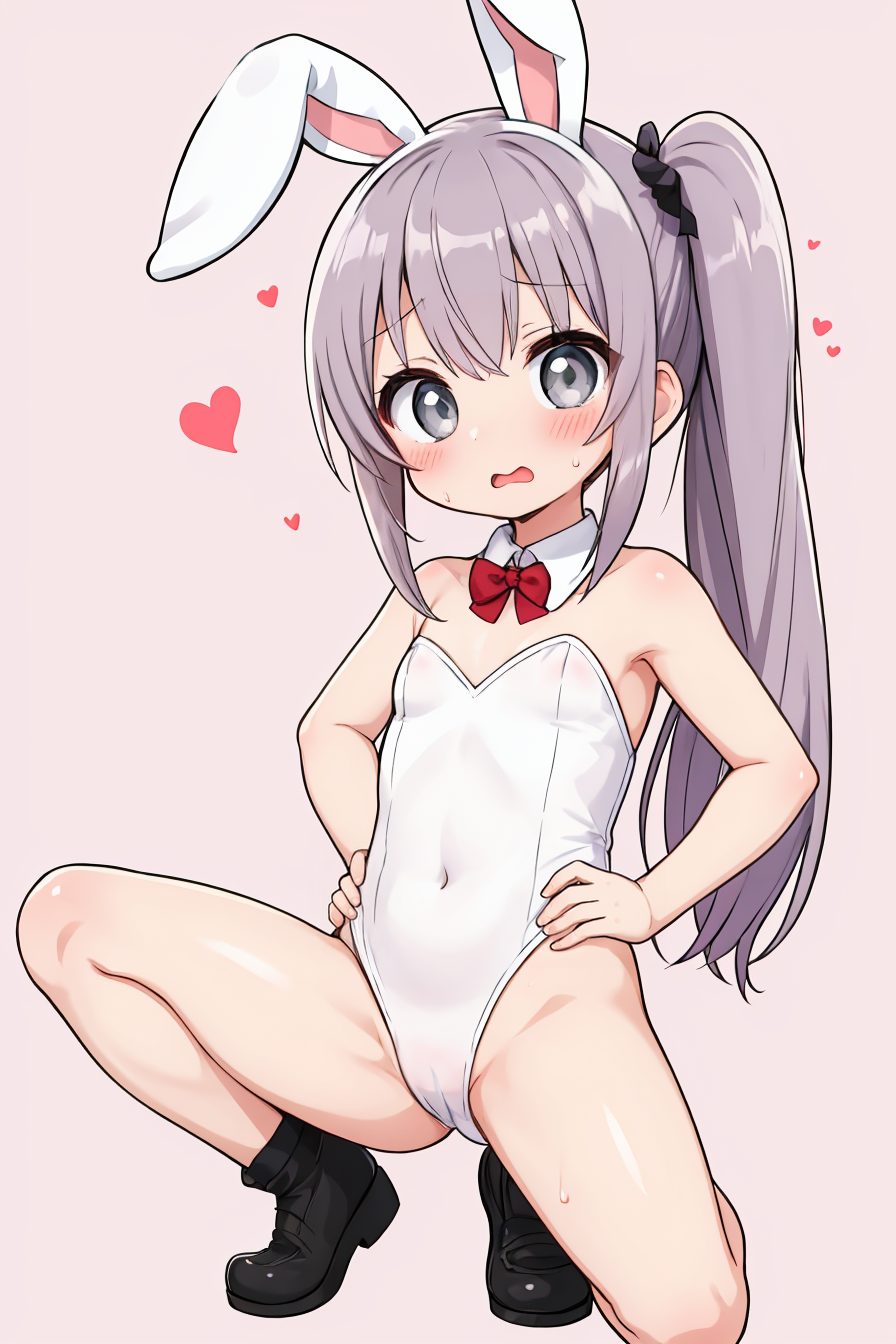 1girl, solo, animal ears, rabbit ears, leotard, black footwear, bow, detached collar, strapless, grey hair, white leotard, bowtie, playboy bunny, long hair, red bow, loli, strapless leotard, red bowtie, small breasts, squatting, cameltoe, breasts, covered navel, hands on hips, heart, shoes, grey eyes, side ponytail, simple background, bare shoulders, blush, white background, groin, very long hair, bare legs, white collar, fake animal ears, looking at viewer, sweat, open mouth, full body, bangs, boots, spread legs, ponytail, bare arms, 赤面, 恥じらい, バニーガール, M字開脚, ポニーテール, 銀髪, ブーツ, 裸足, 汗, 開脚, レオタード, 獣耳, ロングヘア, 貧乳, ぱっつん, うさ耳, 白髪・銀髪, 足, Posted