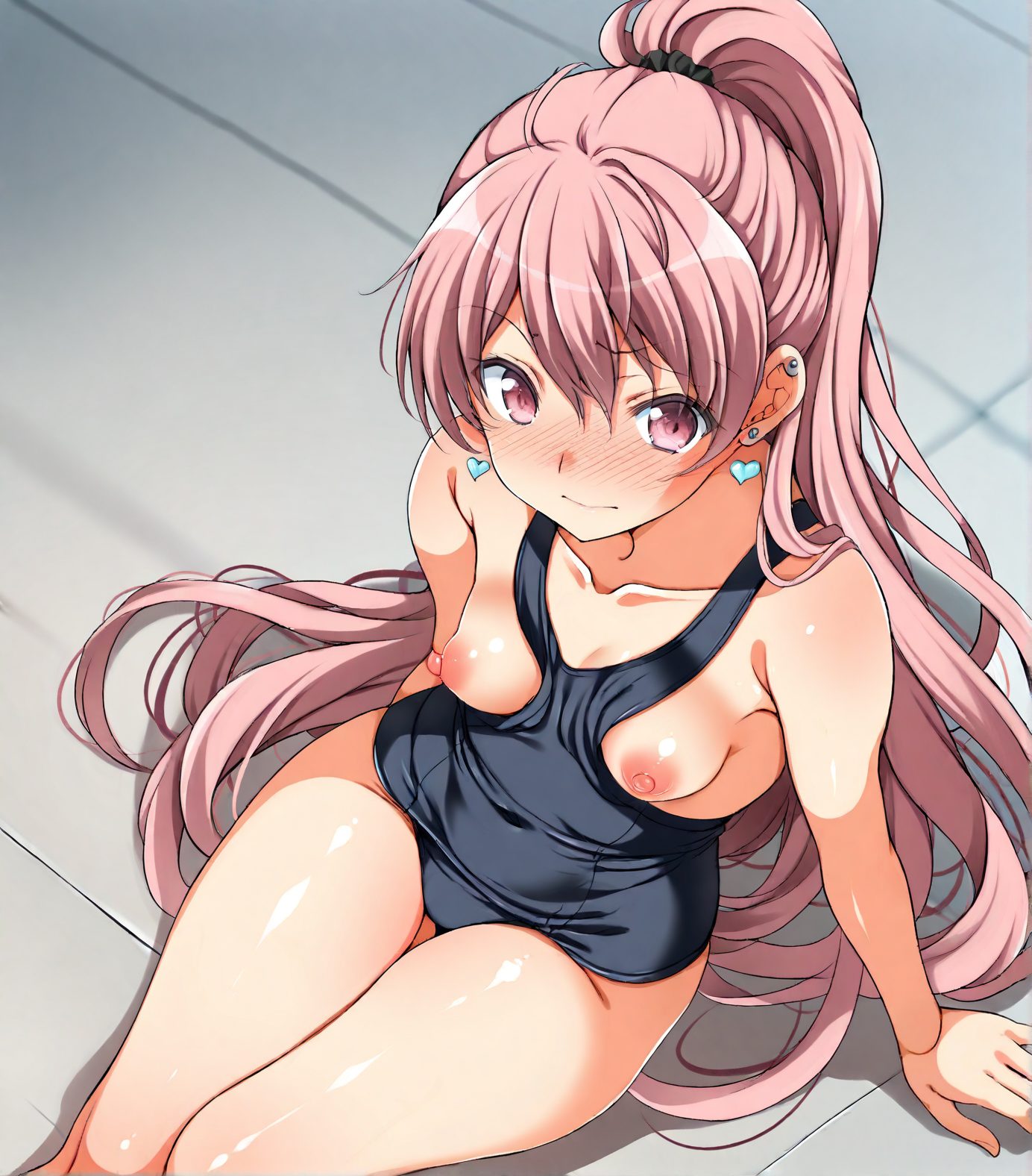 1girl, breasts, swimsuit, solo, jewelry, nipples, long hair, school swimsuit, one-piece swimsuit, earrings, pink hair, blush, small breasts, piercing, sitting, heart earrings, ponytail, pink eyes, looking at viewer, collarbone, ear piercing, old school swimsuit, very long hair, heart, breasts out, blue one-piece swimsuit, thighs, from above, hair between eyes, closed mouth, bangs, covered navel, nose blush, 赤面, 乳首, ポニーテール, 水着, パイモロ, 露出, ロングヘア, 貧乳, ぱっつん, ワンピース, トップレス, スクール水着, ピンク髪