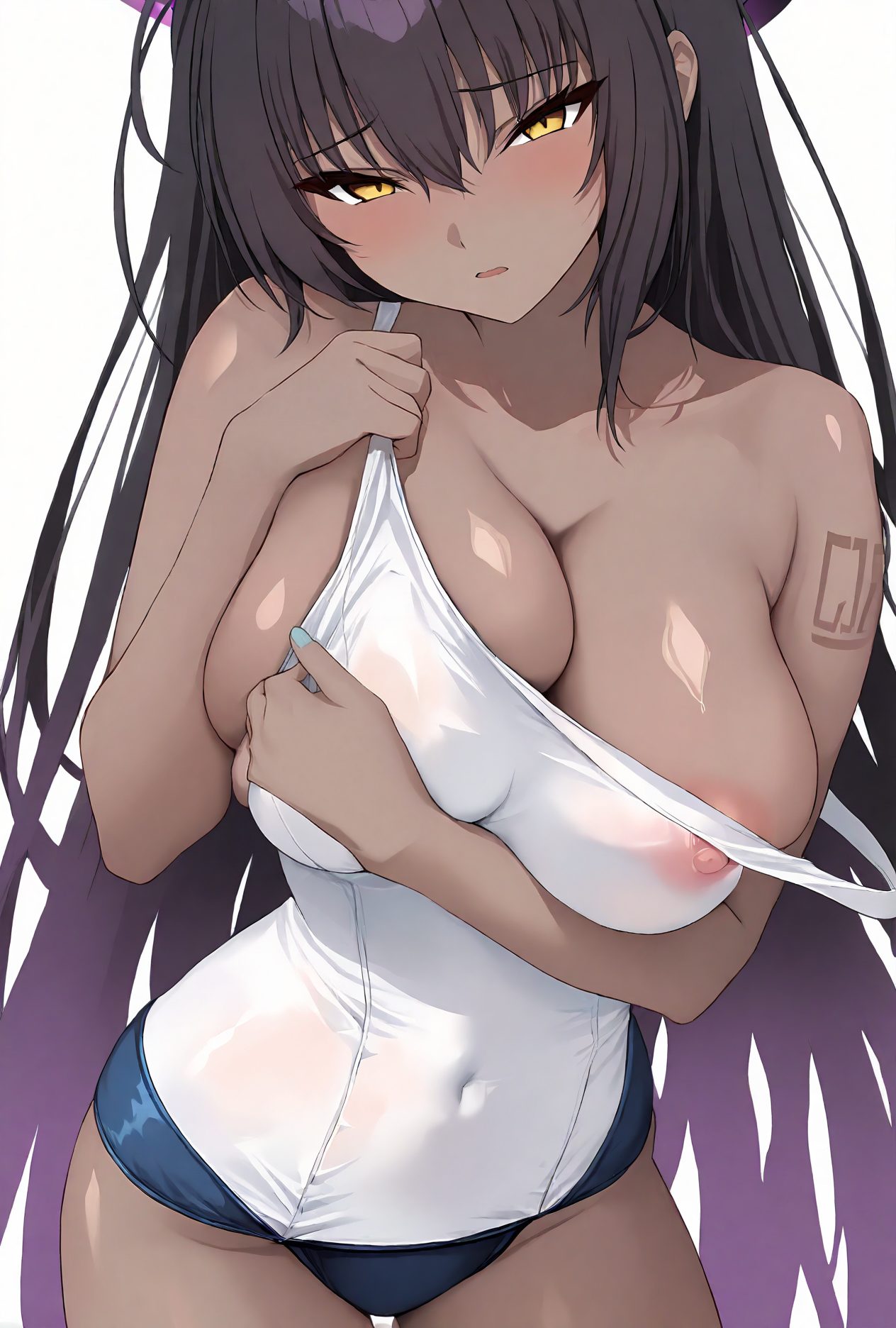 1girl, karin \(blue archive\), breasts, dark-skinned female, solo, dark skin, one-piece swimsuit, yellow eyes, long hair, covered navel, large breasts, black hair, halo, swimsuit, looking at viewer, bangs, blush, school swimsuit, cleavage, nipples, collarbone, white one-piece swimsuit, one-piece swimsuit pull, bare shoulders, white background, clothes pull, parted lips, tattoo, simple background, areola slip, number tattoo, thighs, very long hair, alternate costume, purple hair, 赤面, 乳首, 胸チラ, 黒髪, 紫髪, 着替え, 水着, 褐色肌, ロングヘア, 巨乳, ぱっつん, ワンピース, スクール水着, Posted
