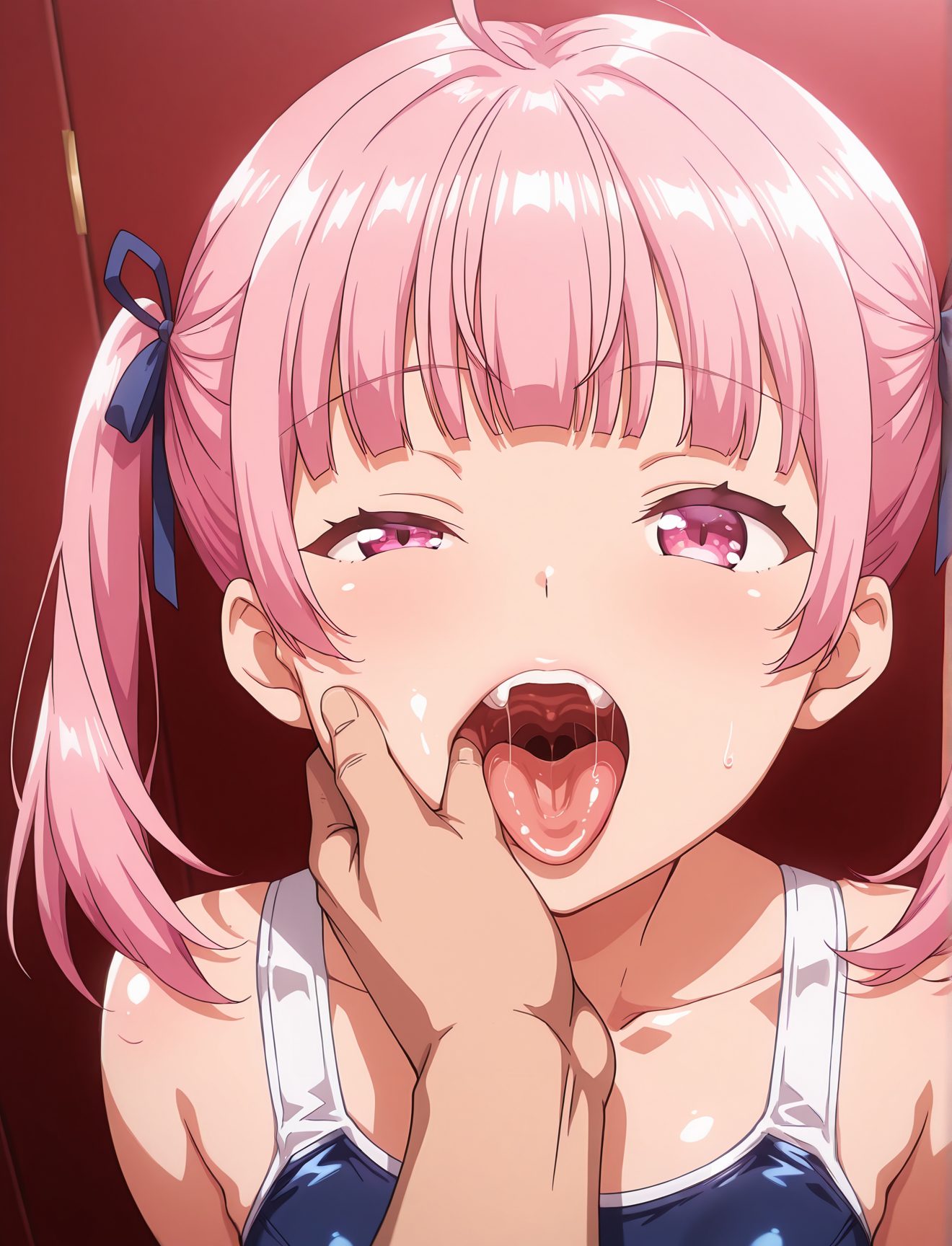 questionable, 1girl, looking_at_viewer, blush, open_mouth, bangs, 1boy, ribbon, bare_shoulders, twintails, collarbone, swimsuit, hair_ribbon, upper_body, pink_hair, ahoge, hetero, teeth, solo_focus, tongue, shiny, tongue_out, blunt_bangs, pink_eyes, shiny_hair, one-piece_swimsuit, symbol-shaped_pupils, saliva, pov, fangs, heart-shaped_pupils, half-closed_eyes, school_swimsuit, red_background, blue_one-piece_swimsuit, competition_school_swimsuit, oral_invitation, uvula, mouth_pull, ハート目, 赤面, 口, ツインテール, 水着, のどちんこ, アホ毛, 八重歯, 舌, ぱっつん, ワンピース, よだれ, スクール水着