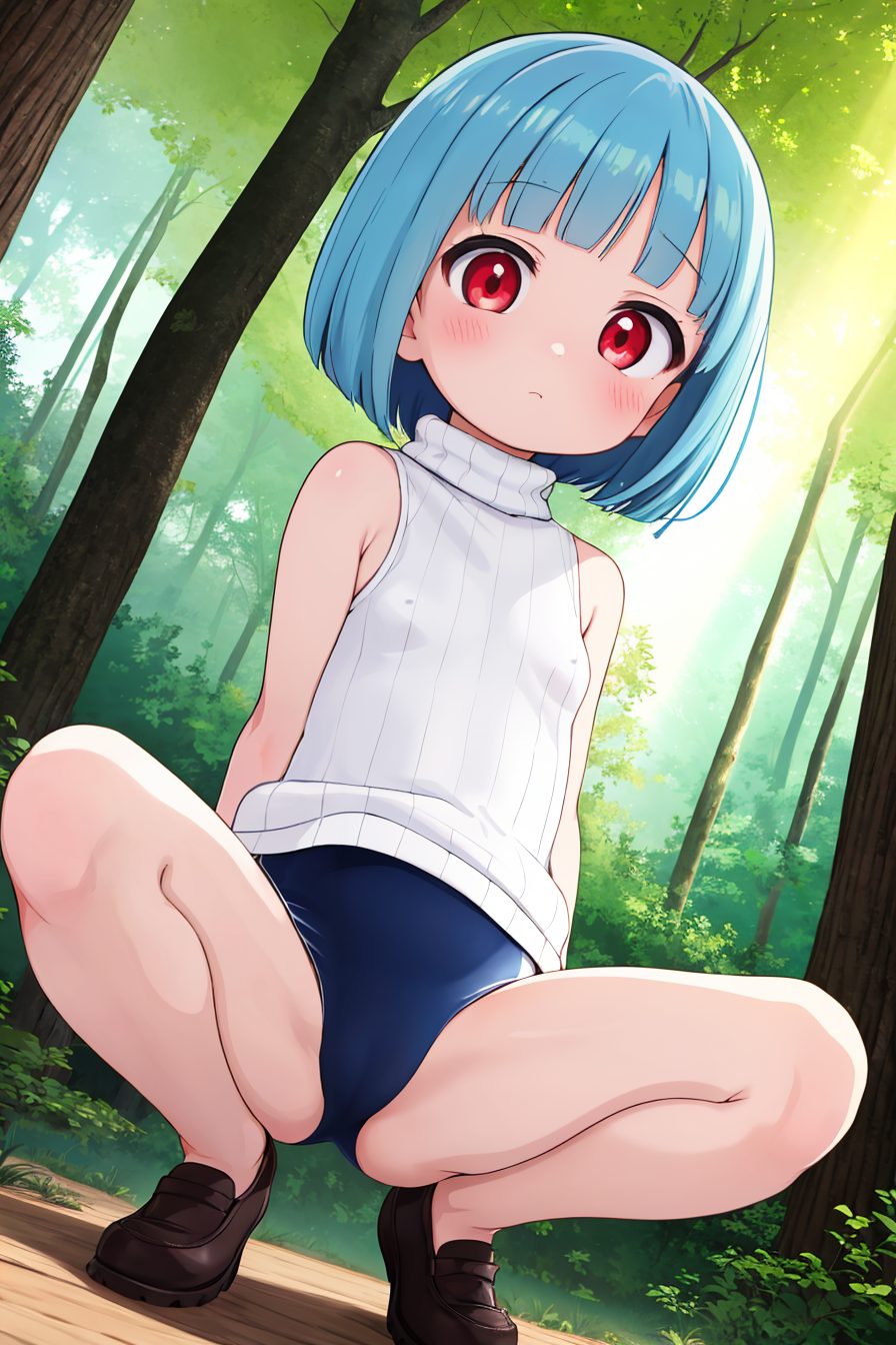 solo, 1girl, red eyes, looking at viewer, squatting, shoes, blue hair, swimsuit, bangs, blush, outdoors, short hair, swimsuit under clothes, sleeveless, brown footwear, closed mouth, loafers, spread legs, white sweater, cameltoe, one-piece swimsuit, loli, small breasts, blunt bangs, bare shoulders, sweater, breasts, day, sleeveless sweater, arms behind back, tree, bob cut, no pants, school swimsuit, thighs, 赤面, M字開脚, セーター, 靴, 水着, 開脚, ノースリーブ, 青髪, 赤目, 貧乳, ぱっつん, ワンピース, スクール水着, ショートカット