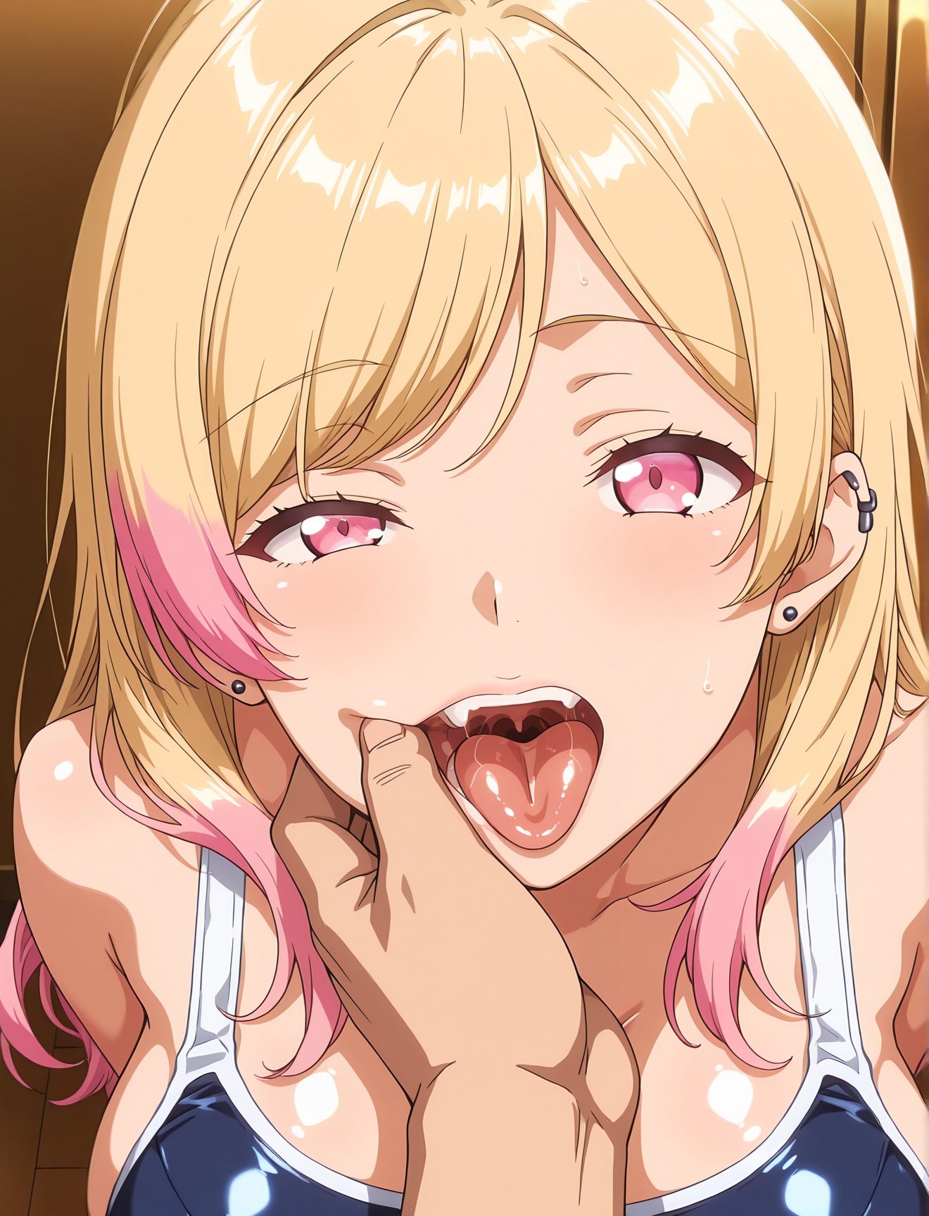 sensitive, questionable, 1girl, long_hair, breasts, looking_at_viewer, blush, open_mouth, bangs, blonde_hair, large_breasts, 1boy, cleavage, bare_shoulders, jewelry, collarbone, swimsuit, upper_body, pink_hair, multicolored_hair, earrings, teeth, solo_focus, tongue, shiny, tongue_out, pink_eyes, shiny_hair, one-piece_swimsuit, shiny_skin, saliva, gradient_hair, pov, piercing, school_swimsuit, ear_piercing, blue_one-piece_swimsuit, stud_earrings, competition_school_swimsuit, finger_in_another's_mouth, tongue_piercing, oral_invitation, uvula, mouth_pull, 赤面, 口, 胸チラ, 水着, のどちんこ, 舌, 巨乳, ぱっつん, ワンピース, よだれ, スクール水着