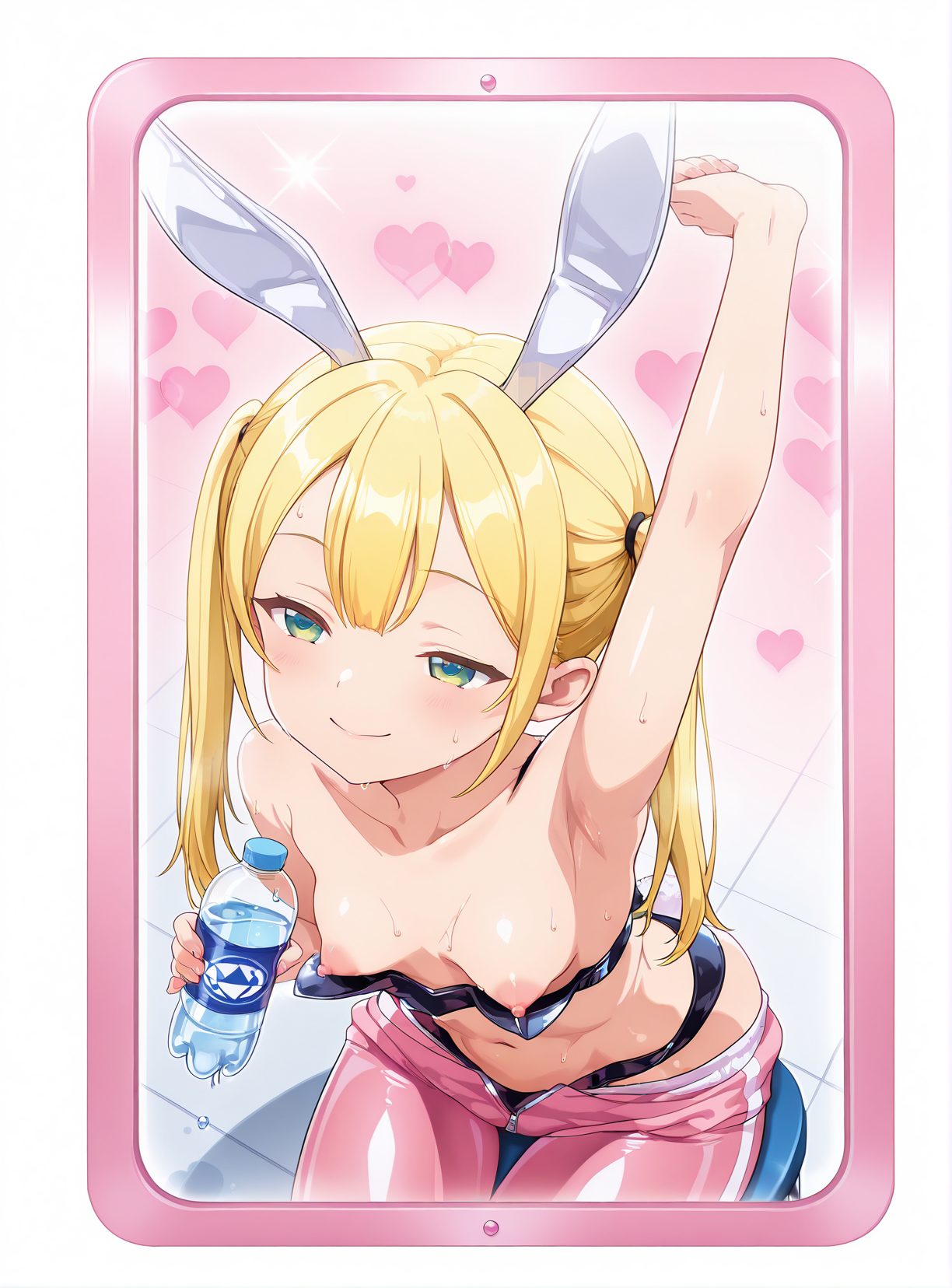 1girl, breasts, nipples, blonde hair, bottle, animal ears, solo, rabbit ears, small breasts, sweat, water bottle, twintails, armpits, smile, navel, heart, green eyes, long hair, arm up, underwear, panties, holding bottle, blush, holding, collarbone, fake animal ears, downblouse, sitting, nipple slip, bodysuit, leaning forward, pants, closed mouth, heart background, 赤面, 恥じらい, 笑顔, 乳首, ツインテール, ズボン, 乳首チラ, 汗, パンチラ, パンツ, 獣耳, ロングヘア, 下着, 貧乳, 金髪, うさ耳