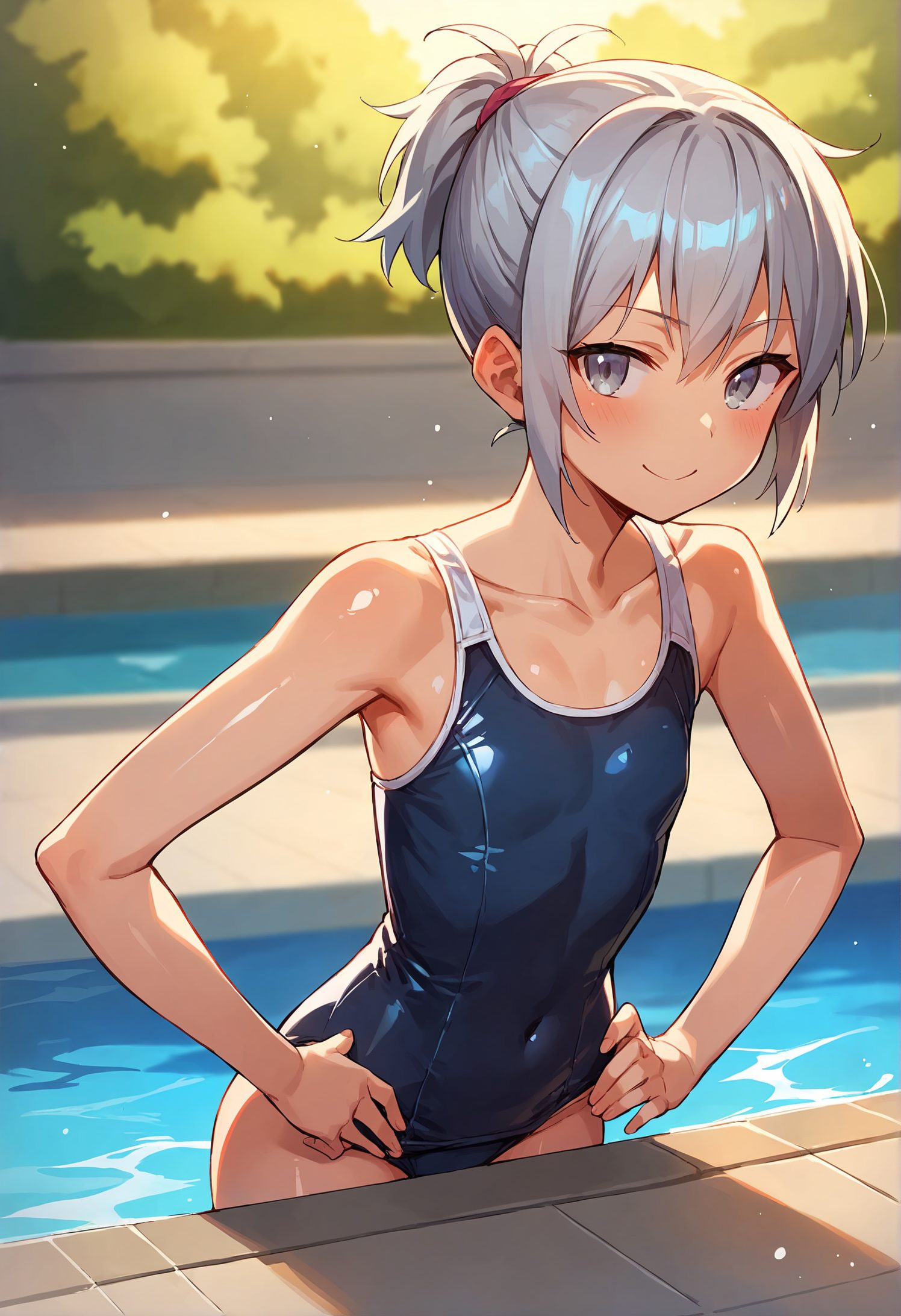 1girl, solo, swimsuit, one-piece swimsuit, smile, pool, covered navel, small breasts, collarbone, breasts, outdoors, looking at viewer, closed mouth, blush, school swimsuit, ponytail, wet, water, bare arms, bare shoulders, grey hair, short ponytail, hands on hips, short hair, blue one-piece swimsuit, day, sidelocks, poolside, competition school swimsuit, blue eyes, bangs, grey eyes, hair tie, shiny, 赤面, 笑顔, ポニーテール, 銀髪, 裸足, 水着, 白髪・銀髪, 貧乳, ぱっつん, ワンピース, スクール水着, ショートカット