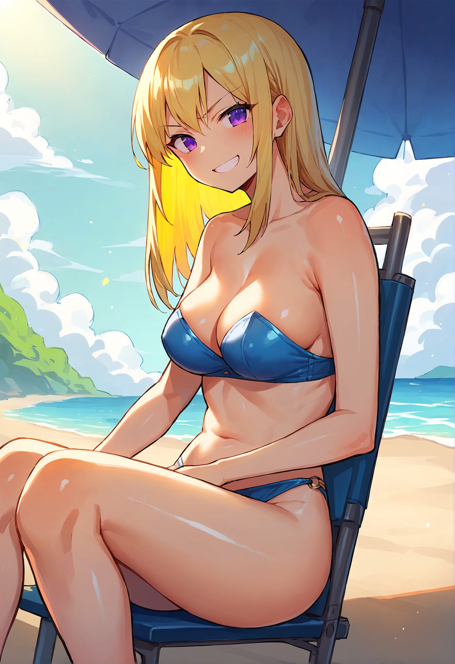 1girl, solo, breasts, smile, outdoors, swimsuit, bikini, blonde hair, blue bikini, beach, looking at viewer, day, sitting, purple eyes, long hair, strapless bikini, grin, strapless, cleavage, beach umbrella, navel, umbrella, bare shoulders, o-ring, o-ring bikini, thighs, collarbone, large breasts, cloud, bangs, blush, bare arms, sky, ocean, blue sky, v-shaped eyebrows, o-ring bottom, feet out of frame, stomach, medium breasts, 赤面, 笑顔, 胸チラ, 裸足, 水着, ロングヘア, 巨乳, ぱっつん, 金髪