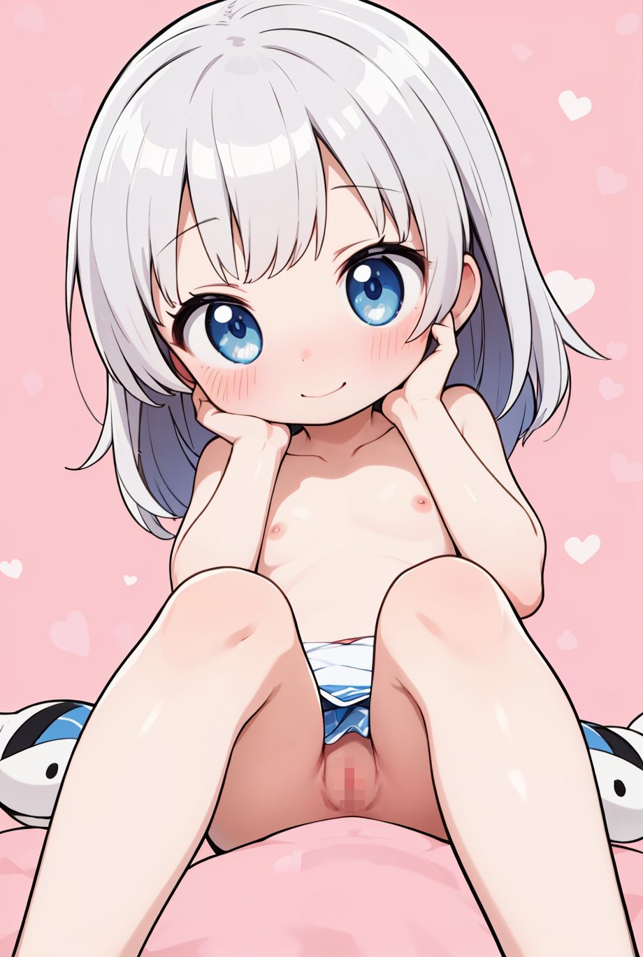 1girl, blue eyes, smile, nipples, pussy, loli, solo, legs, thighs, no panties, sitting, skirt, blue skirt, flat chest, pink background, knees up, grey hair, topless, clothes pull, blush, short hair, heart, skirt lift, miniskirt, hands on own face, looking at viewer, ass, heart background, long hair, 赤面, 笑顔, 乳首, たくし上げ, 着替え, 尻, 銀髪, パンチラ, 露出, ロングヘア, 貧乳, つるぺた, スカート, おまんこ, トップレス, 白髪・銀髪, ショートカット