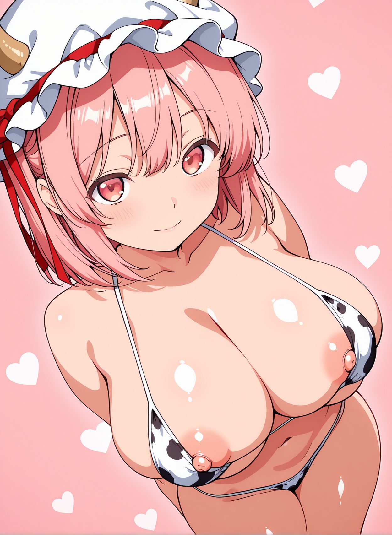 questionable, 1girl, solo, breasts, looking_at_viewer, blush, smile, short_hair, bangs, large_breasts, hat, ribbon, navel, cleavage, bare_shoulders, closed_mouth, nipples, collarbone, swimsuit, pink_hair, heart, bikini, horns, shiny, pink_eyes, red_ribbon, shiny_skin, white_headwear, arms_behind_back, pink_background, mob_cap, animal_print, micro_bikini, nipple_slip, cow_print, cow_horns, print_bikini, saigyouji_yuyuko, 赤面, 笑顔, 乳首, 胸チラ, 帽子, 水着, 牛柄ビキニ, 巨乳, マイクロビキニ, ぱっつん, 東方Project