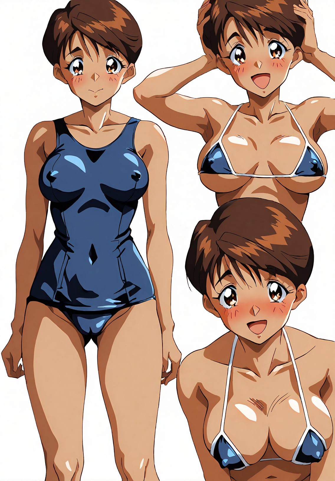 swimsuit, dark skin, dark-skinned female, 1girl, brown hair, breasts, covered nipples, short hair, bikini, brown eyes, one-piece swimsuit, cameltoe, micro bikini, blush, white background, looking at viewer, school swimsuit, multiple views, smile, open mouth, simple background, medium breasts, blue one-piece swimsuit, large breasts, covered navel, 赤面, 笑顔, 乳首チラ, 水着, 褐色肌, 巨乳, マイクロビキニ, ワンピース, スクール水着, ショートカット, Posted