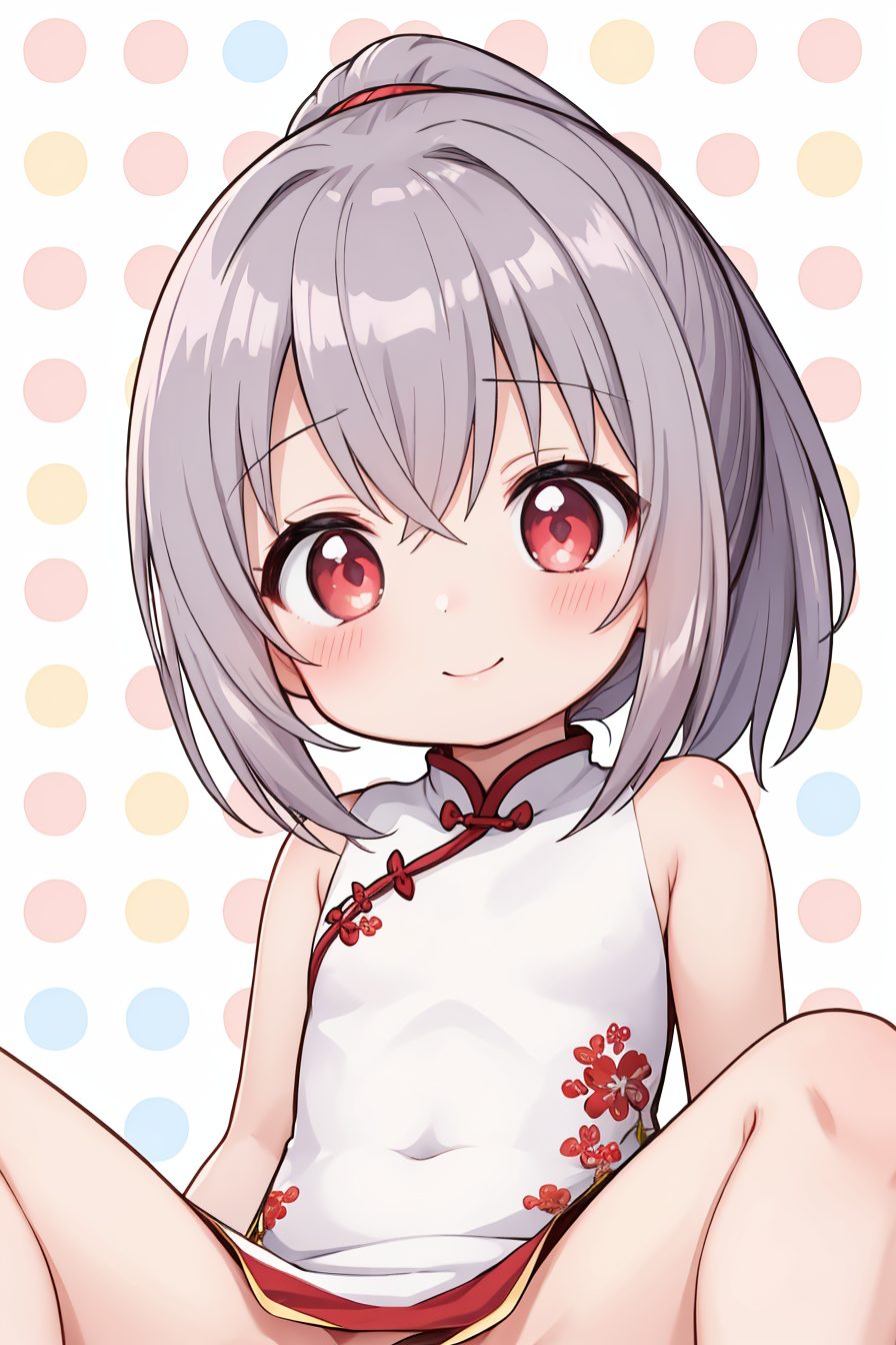 1girl, solo, dress, red eyes, smile, spread legs, sleeveless, out-of-frame censoring, china dress, sleeveless dress, chinese clothes, ponytail, covered navel, loli, white dress, blush, white background, grey hair, small breasts, looking at viewer, breasts, simple background, closed mouth, bare shoulders, 赤面, 笑顔, M字開脚, ポニーテール, 銀髪, チャイナドレス, 開脚, ノースリーブ, 赤目, 貧乳, 白髪・銀髪