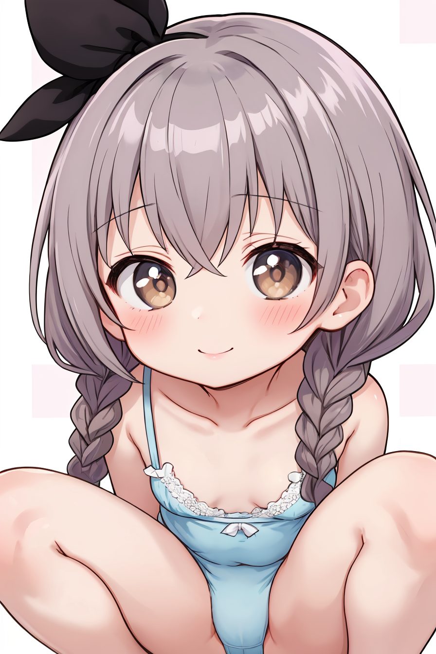 1girl, solo, white background, smile, brown eyes, simple background, underwear, braid, twin braids, long hair, squatting, collarbone, looking at viewer, panties, loli, breasts, blush, closed mouth, ribbon, small breasts, underwear only, brown hair, black ribbon, bare shoulders, bangs, hair ribbon, hairband, twintails, grey hair, hair between eyes, bow, blue panties, 赤面, 笑顔, ツインテール, 銀髪, パンツ, ロングヘア, 下着, 貧乳, ぱっつん, 白髪・銀髪
