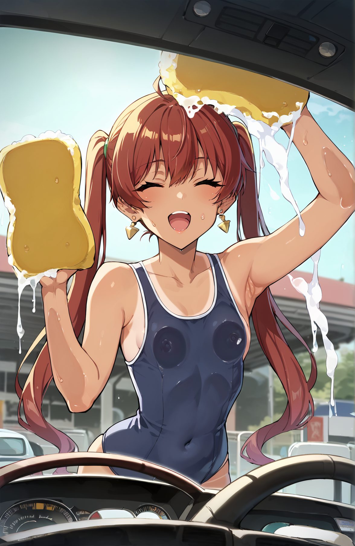 1girl, swimsuit, tan, twintails, breasts, jewelry, closed eyes, solo, one-piece swimsuit, earrings, car, school swimsuit, long hair, small breasts, tanlines, open mouth, libeccio \(kancolle\), motor vehicle, smile, ground vehicle, heart earrings, sponge, covered navel, brown hair, blush, car interior, beer, holding, ^ ^, collarbone, armpits, wet, dark skin, blue one-piece swimsuit, 赤面, 笑顔, ツインテール, 水着, 褐色肌, ロングヘア, 夏, 貧乳, 日焼け, ワンピース, スクール水着