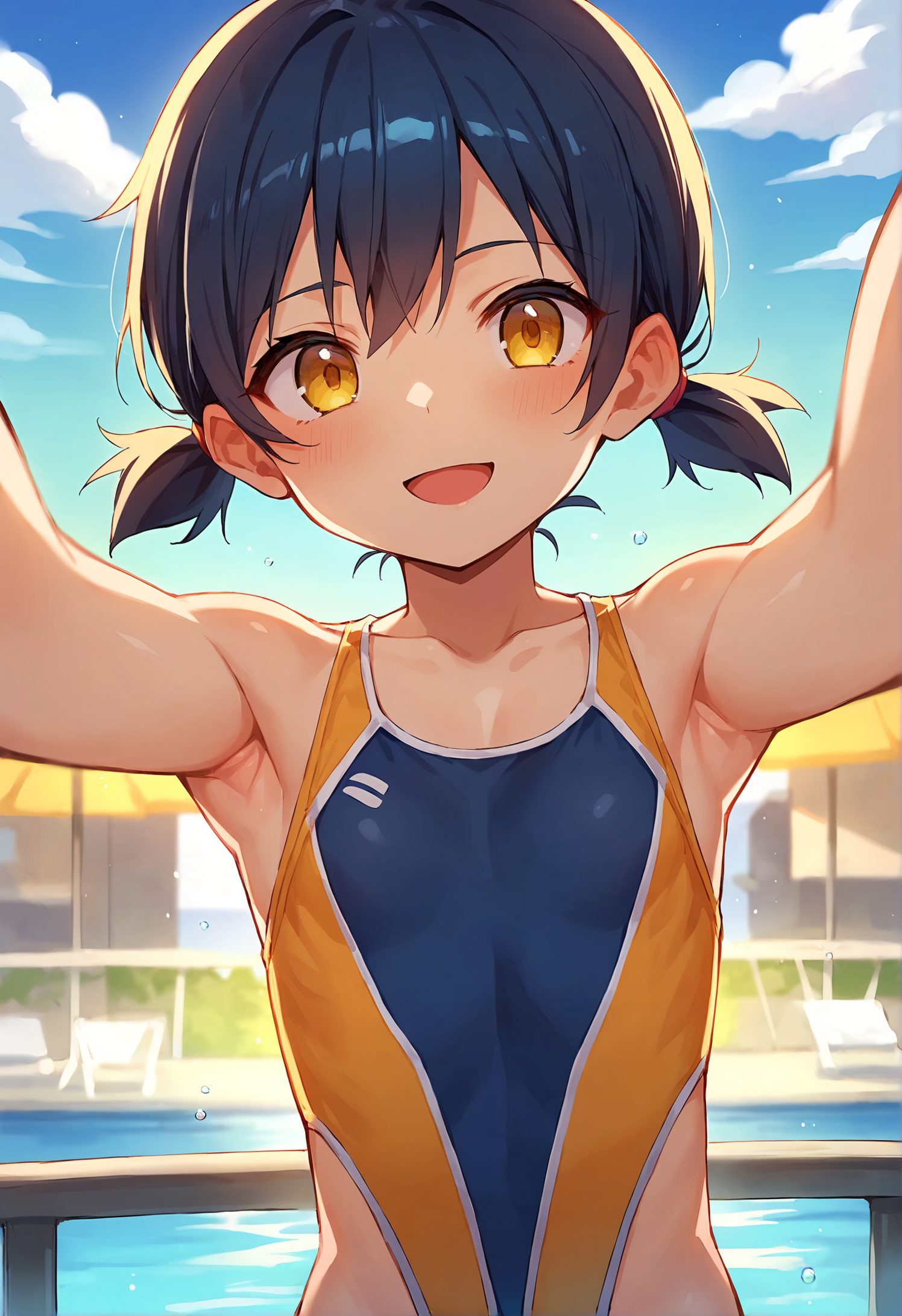 1girl, swimsuit, solo, one-piece swimsuit, twintails, smile, looking at viewer, short twintails, open mouth, armpits, outdoors, day, collarbone, blush, short hair, small breasts, breasts, :d, yellow eyes, black hair, sky, upper body, pool, bare shoulders, arms up, blue sky, competition swimsuit, low twintails, water, bangs, 赤面, 笑顔, ツインテール, 黒髪, 水着, 貧乳, ぱっつん, ワンピース, ショートカット