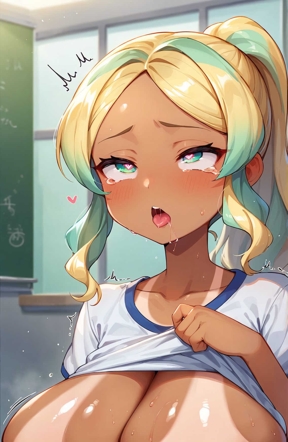 1girl, tan, heart-shaped pupils, shirt lift, breasts, symbol-shaped pupils, clothes lift, solo, dark-skinned female, multicolored hair, ahegao, heart, open mouth, dark skin, shirt, blonde hair, tongue, large breasts, blush, parted bangs, green eyes, lifted by self, tanlines, tongue out, ponytail, gym shirt, white shirt, collarbone, indoors, sweat, upper body, long hair, bangs, short sleeves, rolling eyes, green hair, tears, aqua hair, saliva, sidelocks, chalkboard, trembling, gym uniform, アヘ顔, ハート目, 発情, 赤面, 恥じらい, イキ顔, 口, ポニーテール, たくし上げ, オホ顔, 汗, 褐色肌, 舌, ロングヘア, 夏, 巨乳, よだれ, 青髪, 日焼け, ぱっつん, 金髪, Tシャツ, 体操服