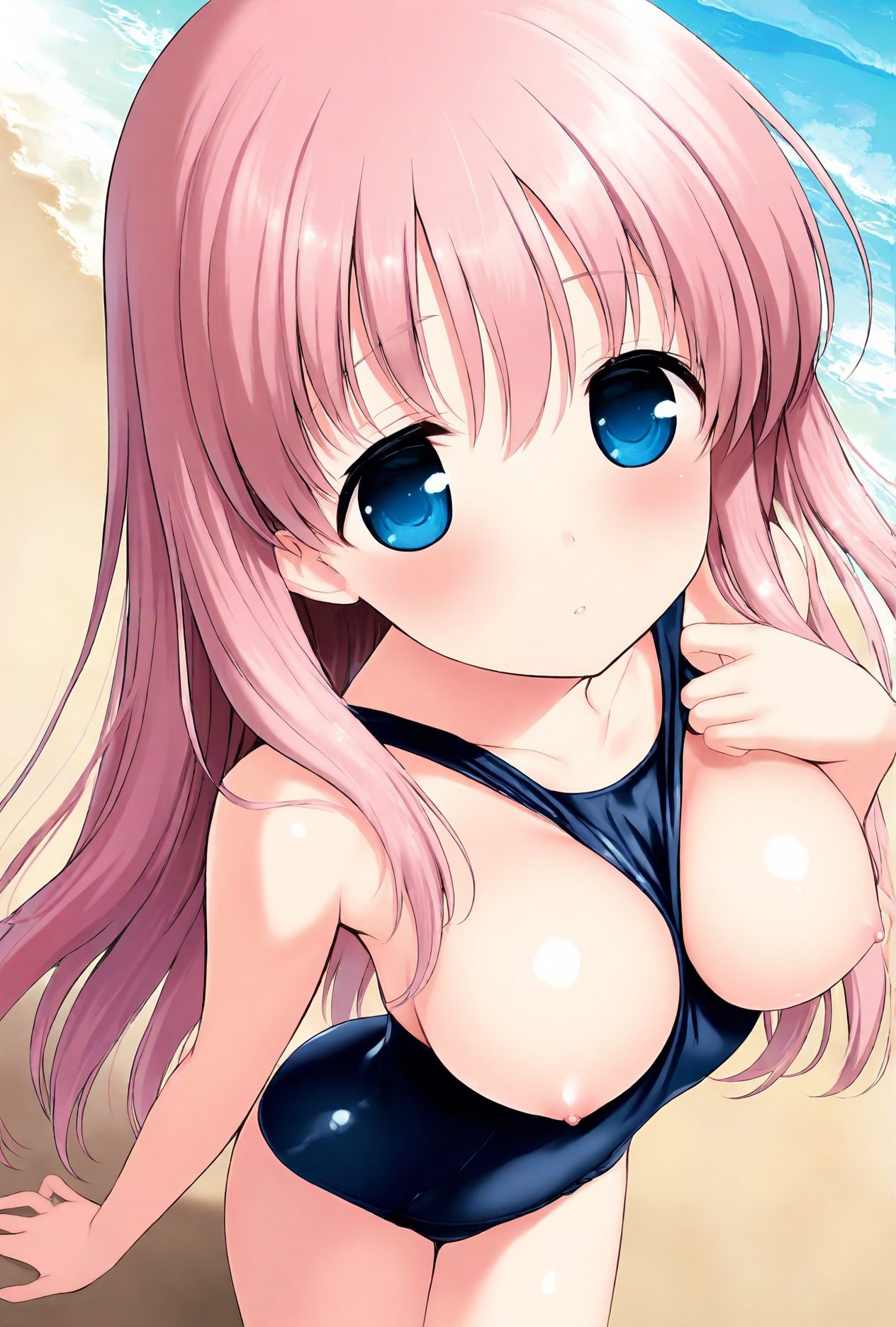 1girl, breasts, solo, swimsuit, nipples, blue eyes, long hair, pink hair, one-piece swimsuit, school swimsuit, beach, haramura nodoka, breasts out, blush, looking at viewer, outdoors, day, blue one-piece swimsuit, collarbone, between breasts, medium breasts, large breasts, ocean, parted lips, from above, water, 赤面, 乳首, 水着, パイモロ, 露出, ロングヘア, 巨乳, ワンピース, トップレス, スクール水着, ピンク髪, 咲-Saki-