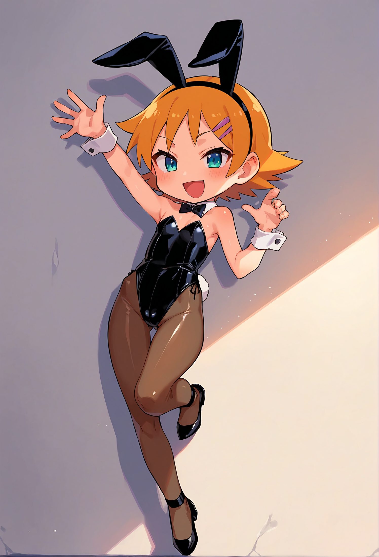 solo, 1girl, playboy bunny, pantyhose, animal ears, leotard, short hair, black leotard, rabbit ears, wrist cuffs, strapless, rabbit tail, tail, detached collar, full body, strapless leotard, orange hair, bow, looking at viewer, bowtie, standing, kousaka kirino, high heels, black bow, brown pantyhose, black bowtie, open mouth, バニーガール, 赤髪, パンスト, 靴, ハイヒール, レオタード, 髪止め, 獣耳, 手錠, ショートカット, うさ耳, 尻尾, 俺の妹がこんなに可愛いわけがない, Posted