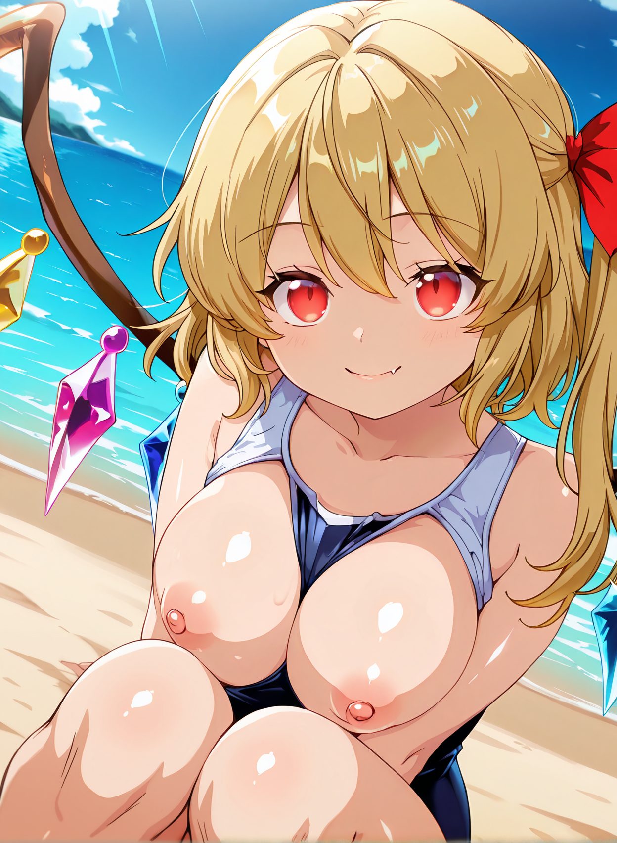 questionable, 1girl, solo, breasts, looking_at_viewer, blush, smile, blonde_hair, large_breasts, red_eyes, ribbon, bare_shoulders, sitting, closed_mouth, nipples, collarbone, swimsuit, outdoors, wings, sky, day, fang, cloud, water, blue_sky, one-piece_swimsuit, ocean, one_side_up, beach, school_swimsuit, breasts_out, between_breasts, no_headwear, alternate_breast_size, blue_one-piece_swimsuit, crystal, horizon, fang_out, flandre_scarlet, 赤面, 笑顔, 乳首, 水着, 巨乳, ワンピース, スクール水着, 東方Project, フランドール・スカーレット, Posted