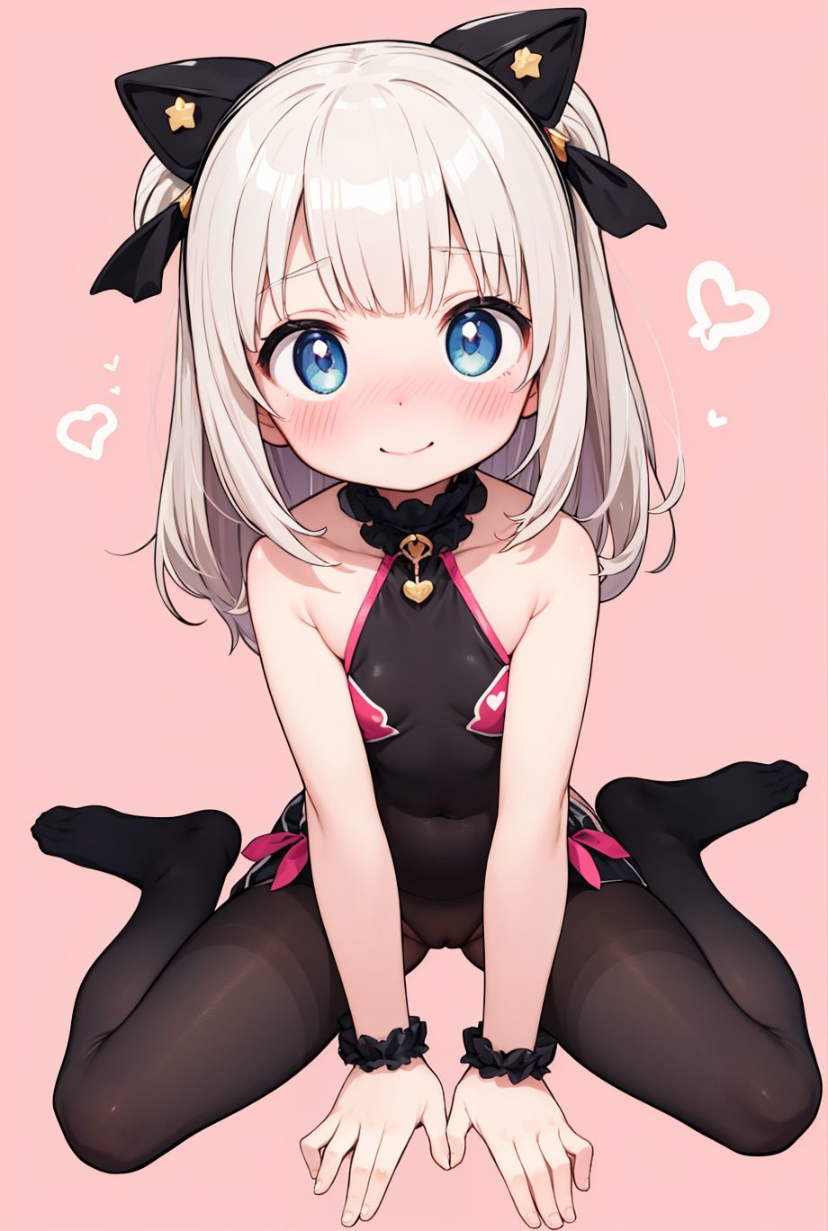 1girl, solo, blue eyes, blush, looking at viewer, bare shoulders, smile, sitting, closed mouth, wariza, pink background, heart, pantyhose, bangs, wrist scrunchie, covered navel, simple background, black pantyhose, ribbon, long hair, breasts, no shoes, collarbone, fake animal ears, hair ribbon, black ribbon, animal ears, small breasts, ass visible through thighs, leotard, scrunchie, cameltoe, 赤面, 笑顔, パンスト, レオタード, 獣耳, ロングヘア, 貧乳, ぱっつん, うさ耳
