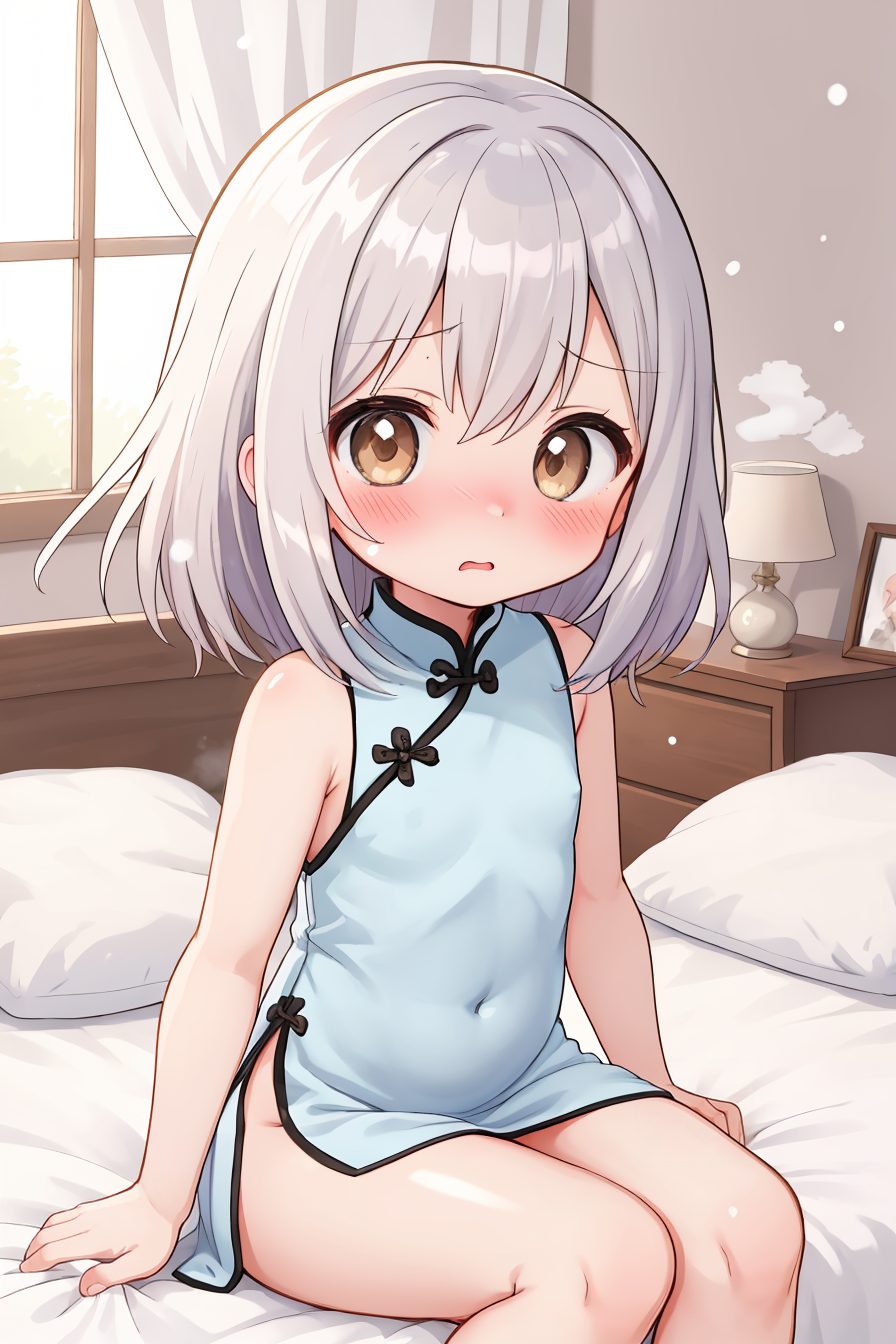 1girl, solo, blush, dress, china dress, window, indoors, sitting, pillow, sleeveless dress, chinese clothes, looking at viewer, covered navel, brown eyes, sleeveless, on bed, bed, loli, curtains, small breasts, covered nipples, medium hair, breasts, bare shoulders, blue dress, hair between eyes, grey hair, bare arms, parted lips, feet out of frame, bangs, white hair, no panties, lamp, bed sheet, 赤面, 乳首チラ, 銀髪, チャイナドレス, 裸足, ノースリーブ, 貧乳, ぱっつん, 白髪, 白髪・銀髪