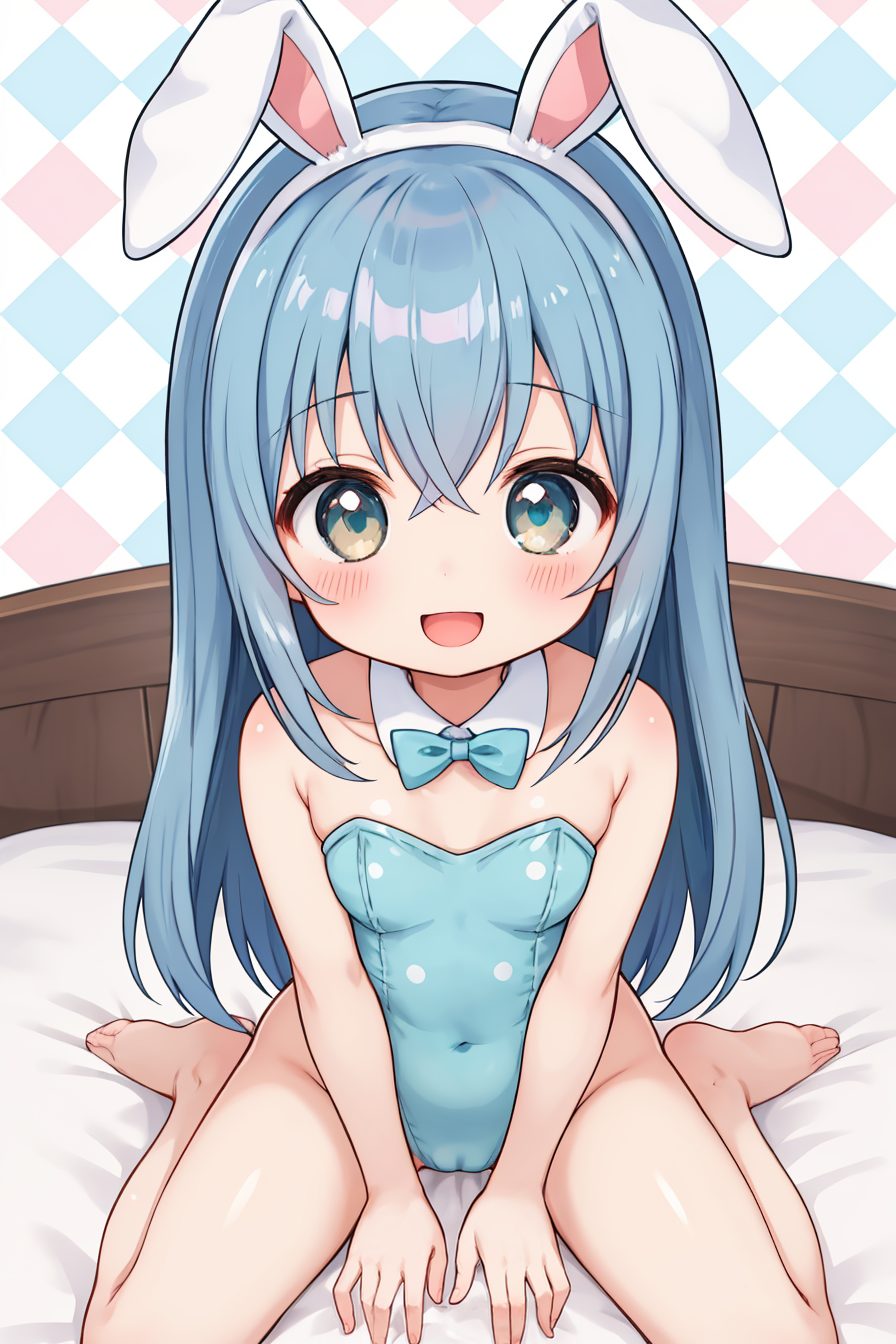 1girl, solo, rabbit ears, animal ears, small breasts, blue hair, breasts, long hair, smile, sitting, playboy bunny, leotard, open mouth, thighs, bow, fake animal ears, detached collar, bowtie, covered navel, cameltoe, blue leotard, barefoot, loli, bed, blue eyes, strapless, legs, strapless leotard, bare shoulders, looking at viewer, toes, bare legs, blue bowtie, hairband, :d, 笑顔, バニーガール, 裸足, レオタード, 獣耳, 青髪, ロングヘア, 貧乳, うさ耳, 足, Posted