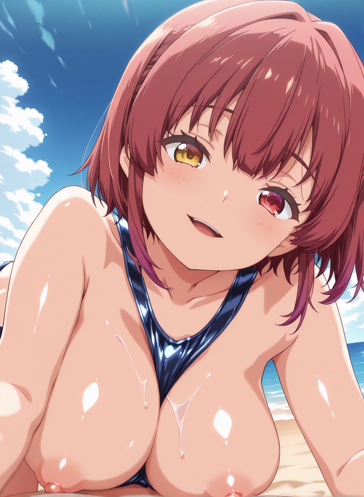 questionable, 1girl, solo, breasts, looking_at_viewer, blush, smile, short_hair, open_mouth, bangs, large_breasts, red_eyes, nipples, collarbone, swimsuit, yellow_eyes, red_hair, outdoors, sky, day, cloud, virtual_youtuber, blue_sky, wet, one-piece_swimsuit, heterochromia, breasts_out, between_breasts, blue_one-piece_swimsuit, houshou_marine, 赤面, 笑顔, 乳首, 水着, 巨乳, ぱっつん, ワンピース, ホロライブ, 宝鐘マリン, バーチャルYouTuber