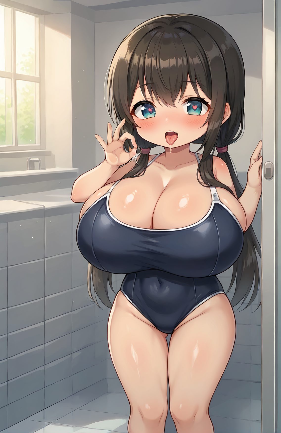 1girl, breasts, solo, heart, heart-shaped pupils, fellatio gesture, symbol-shaped pupils, swimsuit, twintails, taut clothes, cleavage, tongue, huge breasts, shiny, one-piece swimsuit, tongue out, bangs, looking at viewer, black hair, covered navel, blush, long hair, school swimsuit, shiny skin, standing, collarbone, bursting breasts, tiles, thigh gap, ass visible through thighs, indoors, thighs, open mouth, window, saliva, aqua eyes, curvy, shiny hair, black one-piece swimsuit, groin, light particles, cowboy shot, feet out of frame, low twintails, wide hips, door, sidelocks, hair between eyes, tile floor, impossible clothes, tile wall, highleg, nose blush, highleg swimsuit, ハート目, 発情, 赤面, ロングヘア, 巨乳, ぱっつん, ワンピース, テカリ, ツインテール, 舌, 光沢, 脚, ハイグレ, 胸チラ, 水着, アングル, 太もも, 口, 黒髪, 競泳水着, よだれ, スクール水着, Posted