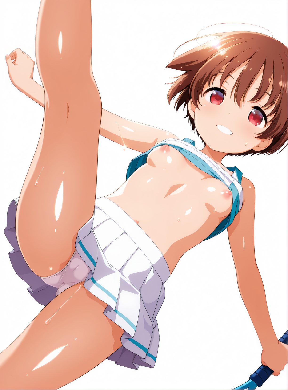 1girl, solo, nipples, breasts, brown hair, short hair, panties, underwear, smile, small breasts, skirt, red eyes, sweat, clothes lift, cheerleader, looking at viewer, no bra, shirt lift, white background, shiny skin, leg up, simple background, blush, white panties, shiny, standing, pleated skirt, grin, standing on one leg, tanlines, tennis racket, 赤面, 恥じらい, 笑顔, 乳首, ノーブラ, たくし上げ, 汗, パンツ, 赤目, 下着, 貧乳, 夏, 光沢, 日焼け, ショートカット, テカリ, 足上げ, 脚, Tシャツ