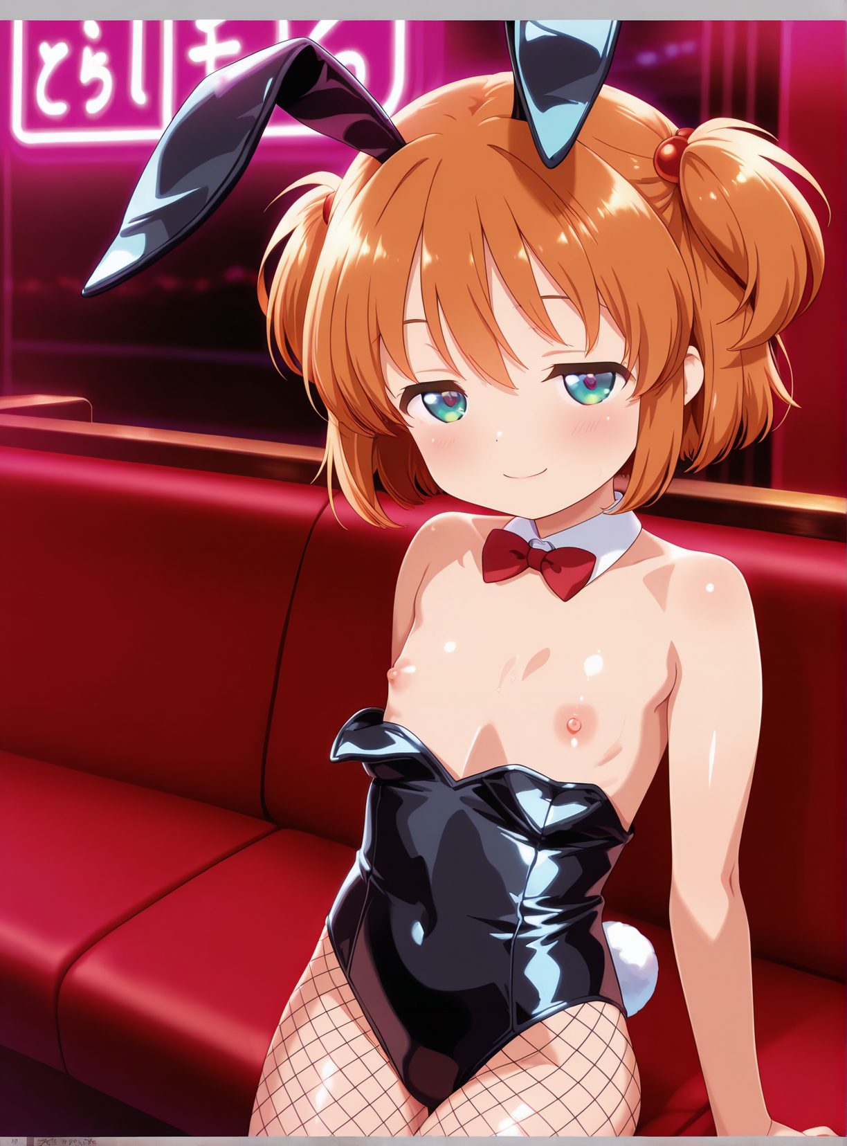 1girl, animal ears, fishnet pantyhose, solo, fishnets, nipples, rabbit ears, loli, pantyhose, playboy bunny, fake animal ears, looking at viewer, two side up, smile, symbol-shaped pupils, short hair, tail, heart-shaped pupils, orange hair, blush, bow, leotard, bare shoulders, bowtie, rabbit tail, breasts, small breasts, black leotard, brown hair, detached collar, flat chest, hair ornament, shiny, hair bobbles, heart, closed mouth, blue eyes, aqua eyes, ハート目, 赤面, 笑顔, バニーガール, 乳首, 赤髪, パンスト, レオタード, 獣耳, 貧乳, 網タイツ, つるぺた, ショートカット, うさ耳, 尻尾