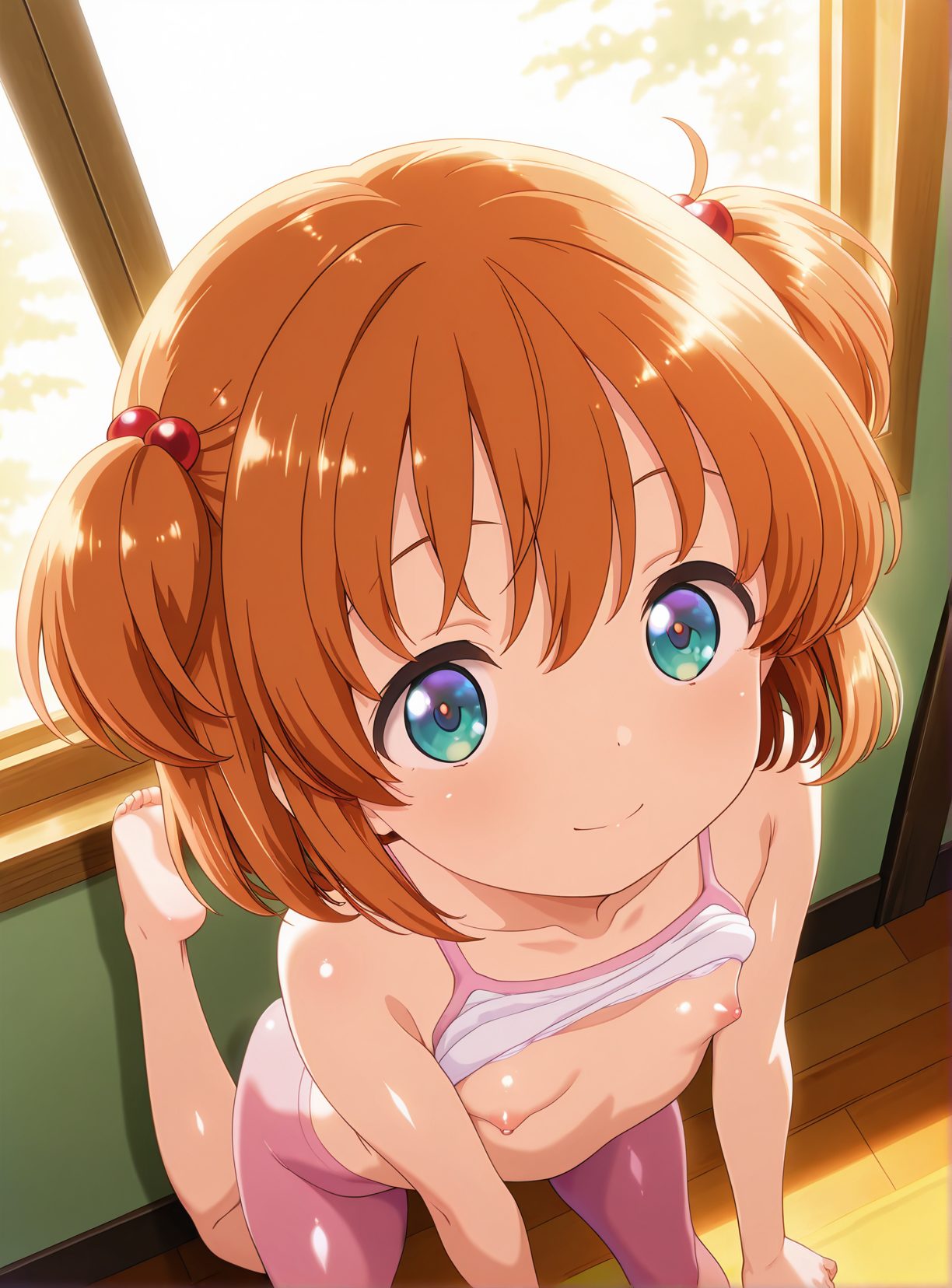 1girl, loli, nipples, solo, small breasts, breasts, hair bobbles, smile, blue eyes, two side up, underwear, barefoot, short hair, hair ornament, bra, brown hair, bra lift, looking at viewer, bike shorts, orange hair, soles, feet, pink bra, toes, leg up, window, 笑顔, 乳首, 赤髪, ブラジャー, 下着, 貧乳, ショートカット, 足上げ, 脚, 足