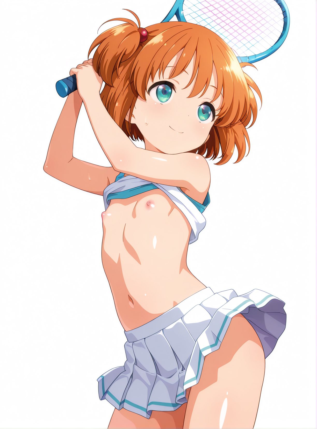 1girl, nipples, solo, skirt, navel, loli, hair ornament, racket, white background, tennis racket, simple background, tennis uniform, short hair, smile, hair bobbles, two side up, orange hair, clothes lift, small breasts, breasts, sportswear, holding, shirt lift, pleated skirt, sweat, brown hair, shiny skin, blush, shiny, white skirt, green eyes, no bra, panties, flat chest, closed mouth, 赤面, 恥じらい, 笑顔, 乳首, 赤髪, ノーブラ, たくし上げ, 汗, スポーツウェア, パンツ, 下着, 貧乳, 光沢, つるぺた, ショートカット, テカリ, Tシャツ