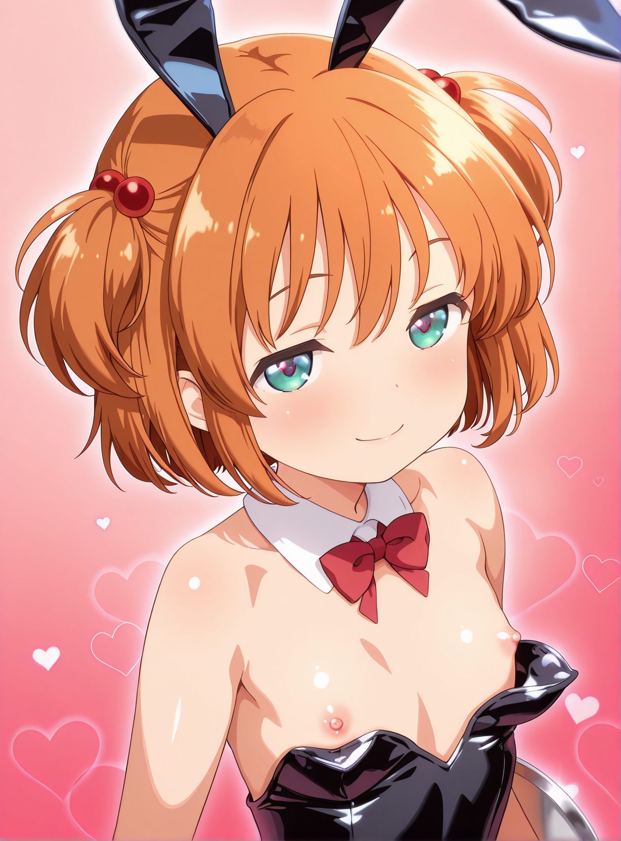 1girl, nipples, solo, animal ears, rabbit ears, loli, heart, looking at viewer, smile, playboy bunny, hair ornament, orange hair, detached collar, fake animal ears, bow, short hair, bowtie, tray, bare shoulders, hair bobbles, symbol-shaped pupils, flat chest, upper body, heart-shaped pupils, two side up, blush, green eyes, closed mouth, red bow, shiny, breasts, brown hair, leotard, black leotard, pink background, small breasts, aqua eyes, ハート目, 赤面, 笑顔, バニーガール, 乳首, 赤髪, レオタード, 獣耳, 貧乳, つるぺた, ショートカット, うさ耳, Posted