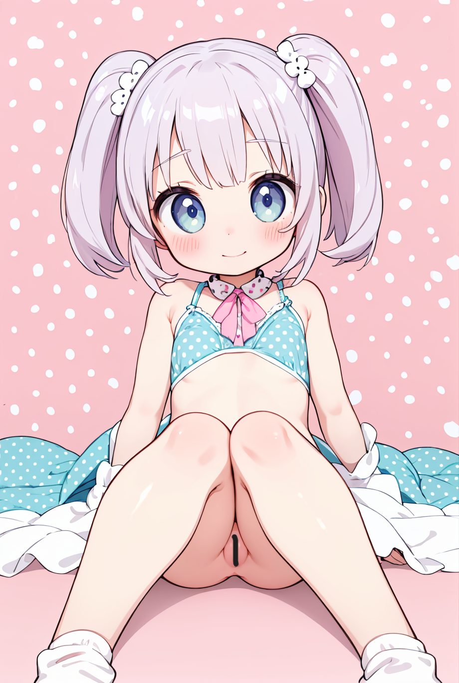 1girl, solo, loli, bra, blue eyes, pussy, smile, twintails, knees together feet apart, underwear, sitting, polka dot, polka dot bra, blue bra, blush, training bra, ass, socks, pink background, knees up, looking at viewer, flat chest, thighs, legs, hair ornament, no panties, anus, dress, bottomless, blue dress, white socks, uncensored, 赤面, 笑顔, 下脱ぎ, ツインテール, 尻, ブラジャー, ボトムレス, 露出, 下着, 貧乳, つるぺた, おまんこ