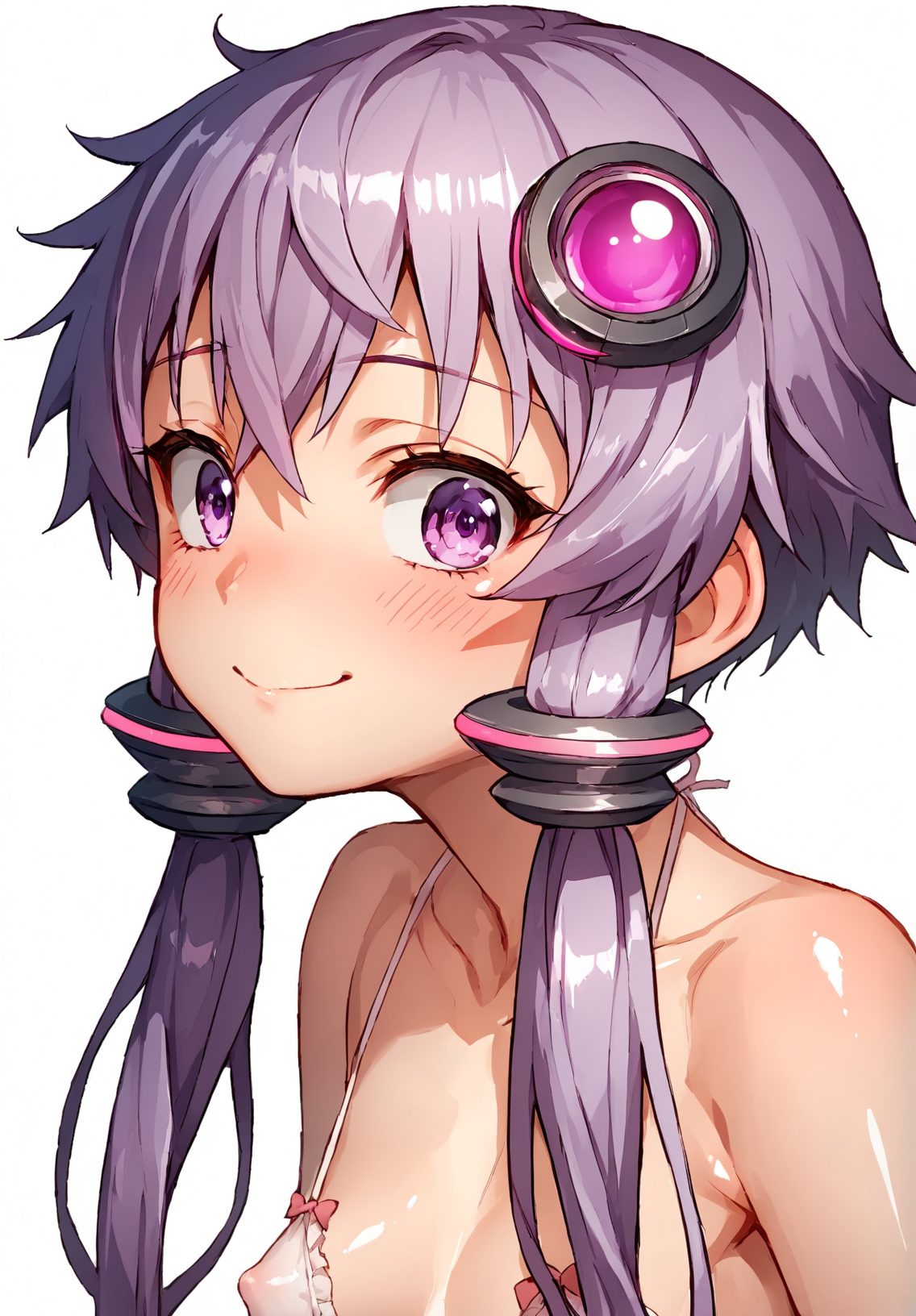1girl, solo, yuzuki yukari, purple eyes, breasts, smile, hair ornament, purple hair, white background, simple background, blush, upper body, collarbone, closed mouth, covered nipples, small breasts, looking at viewer, bare shoulders, bra, short hair with long locks, sidelocks, bangs, underwear, long hair, frills, bow, pink bow, bow bra, white bra, halterneck, frilled bra, hair between eyes, shiny, 赤面, 笑顔, 紫髪, 乳首チラ, ブラジャー, フリル, 下着, 貧乳, ロングヘア, ぱっつん, VOICEROID