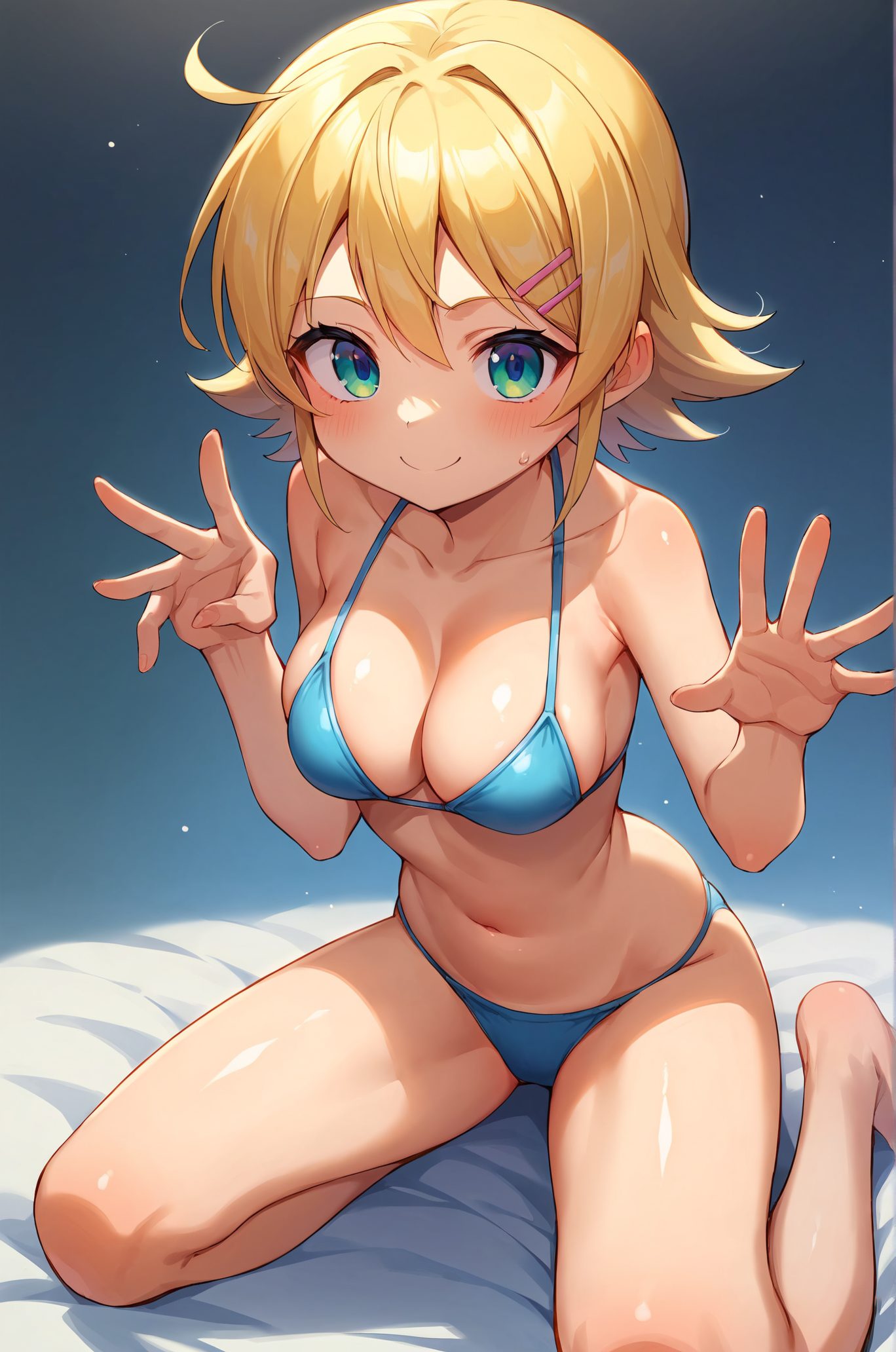 1girl, breasts, solo, swimsuit, bikini, blonde hair, smile, blue bikini, looking at viewer, navel, cleavage, sitting, hair ornament, collarbone, blush, short hair, bare shoulders, hairclip, closed mouth, bare arms, bare legs, sweatdrop, medium breasts, wariza, bangs, ahoge, bed sheet, barefoot, hair between eyes, thighs, stomach, hands up, green eyes, halterneck, string bikini, large breasts, on bed, 赤面, 恥じらい, 笑顔, 胸チラ, 裸足, 水着, アホ毛, 巨乳, ぱっつん, ショートカット, 金髪, 足, Posted
