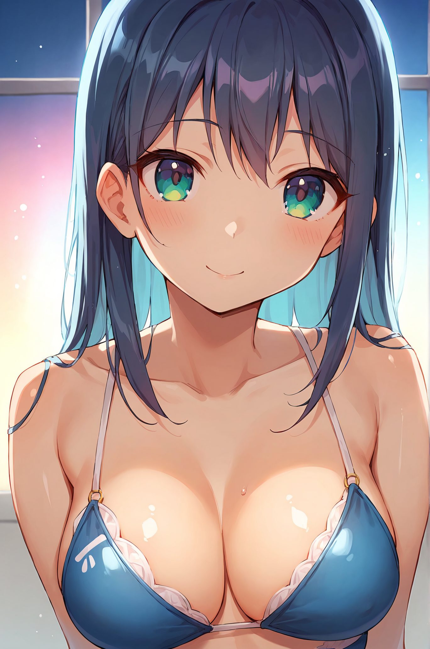 1girl, solo, breasts, smile, looking at viewer, collarbone, blue hair, upper body, cleavage, long hair, swimsuit, bikini, colored inner hair, bare shoulders, closed mouth, multicolored hair, blush, large breasts, aqua eyes, blue eyes, window, two-tone hair, blue bikini, bangs, medium breasts, 赤面, 笑顔, 胸チラ, 水着, 青髪, ロングヘア, 巨乳, ぱっつん
