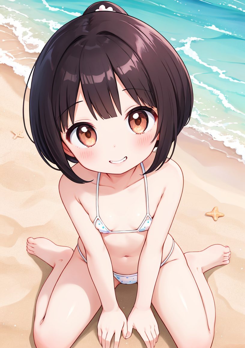 1girl, swimsuit, smile, bikini, solo, beach, sitting, brown eyes, polka dot, white bikini, navel, barefoot, breasts, outdoors, small breasts, looking at viewer, blush, grin, black hair, wariza, short hair, polka dot bikini, between legs, micro bikini, ponytail, water, sand, from above, brown hair, ocean, loli, bare shoulders, bare legs, looking up, day, collarbone, thighs, hand between legs, starfish, bare arms, bangs, 赤面, まなざし, 笑顔, ポニーテール, 黒髪, 裸足, 水着, 貧乳, マイクロビキニ, ぱっつん, ショートカット, 足