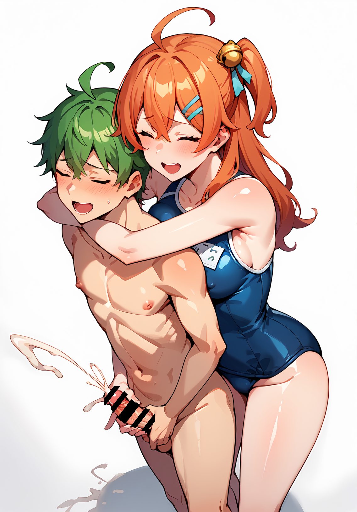 1girl, 1boy, penis, orange hair, swimsuit, closed eyes, uncensored, school swimsuit, hair ornament, green hair, handjob, ejaculation, open mouth, hetero, blush, long hair, cum, one-piece swimsuit, white background, breasts, ahoge, bell, nude, smile, hairclip, hug, clothed female nude male, blue one-piece swimsuit, large breasts, simple background, x hair ornament, erection, side ponytail, short hair, jingle bell, projectile cum, one side up, bare shoulders, nipples, testicles, navel, :d, 赤面, 笑顔, 裸, 乳首, ザーメン, 赤髪, 水着, アホ毛, 手コキ, 露出, ちんこ, ロングヘア, 巨乳, ワンピース, スクール水着, ショートカット