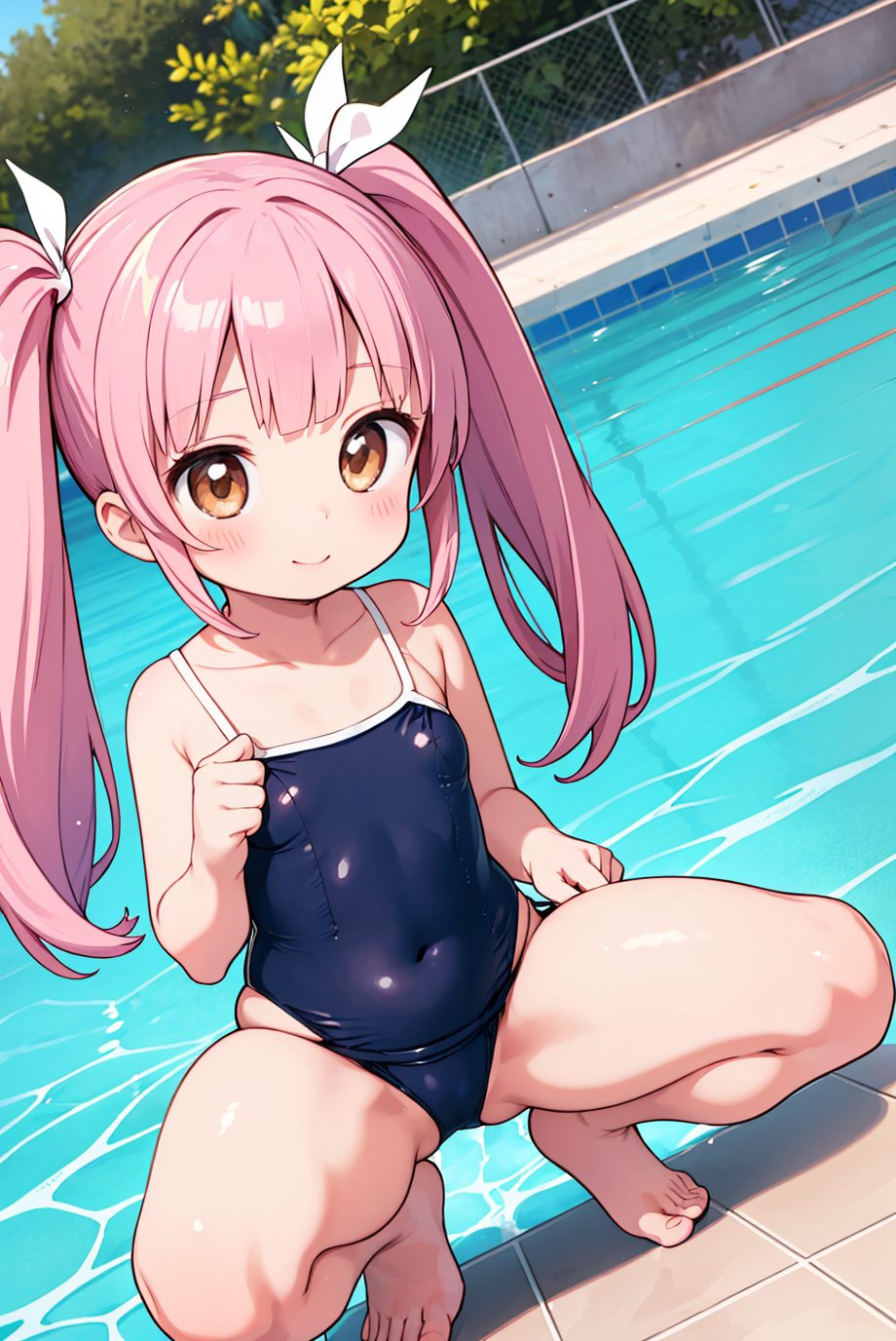 squatting, 1girl, solo, smile, swimsuit, pink hair, twintails, brown eyes, long hair, thighs, pool, one-piece swimsuit, barefoot, ribbon, covered navel, blush, school swimsuit, poolside, outdoors, cameltoe, loli, tile floor, spread legs, hair ribbon, breasts, tiles, small breasts, looking at viewer, chain-link fence, fence, blue one-piece swimsuit, toes, closed mouth, bangs, feet, skindentation, collarbone, white ribbon, 赤面, 笑顔, ツインテール, ピンク髪, M字開脚, 水着, 開脚, ロングヘア, 貧乳, ぱっつん, ワンピース, スクール水着, 足, Posted